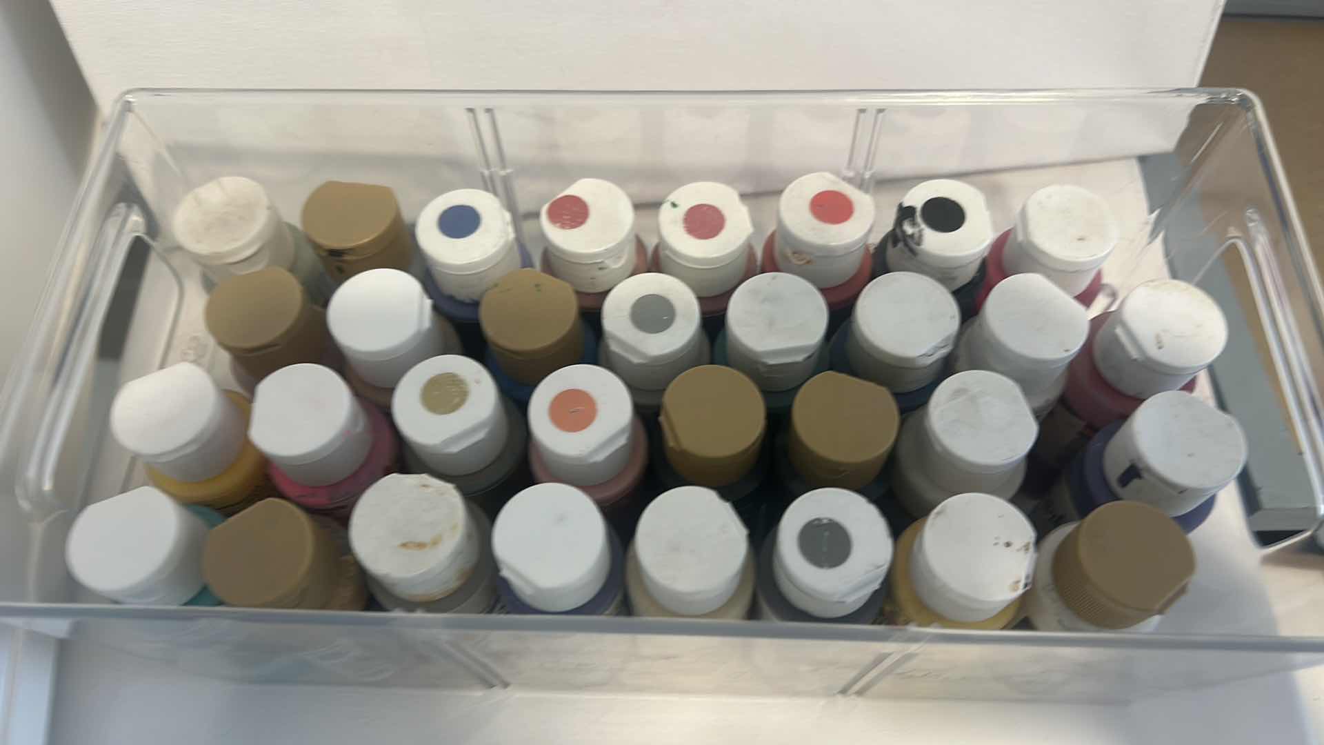 Photo 1 of 32 ACRYLIC PAINTS AND CONTAINER