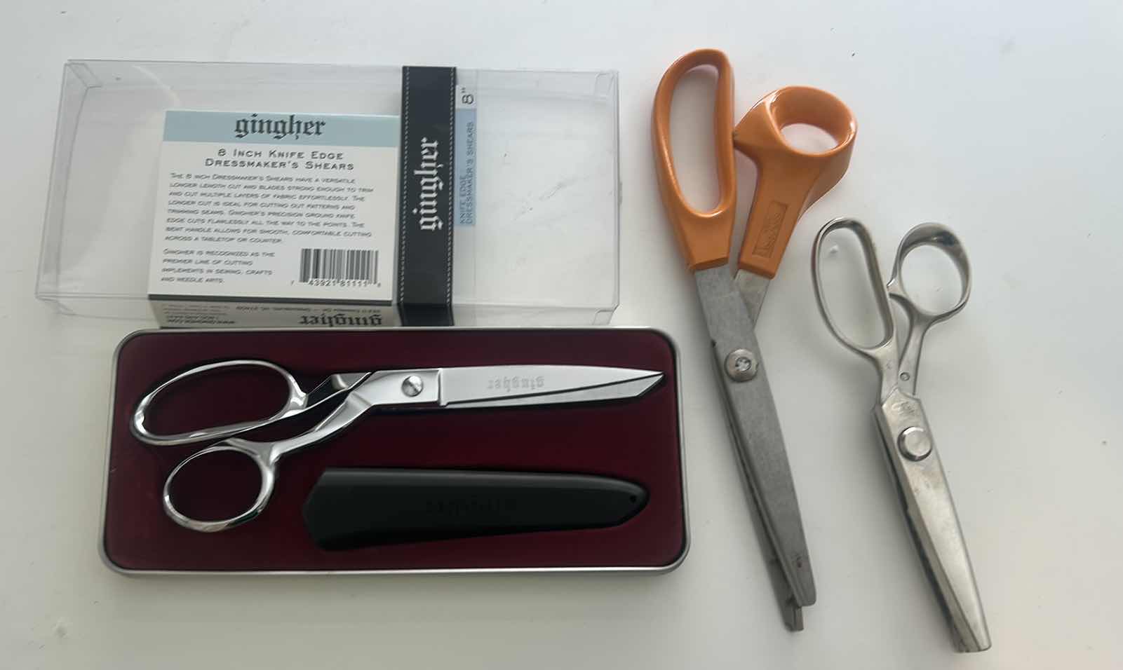 Photo 1 of 1 GINGHER 8” KNIFE EDGE DRESSMAKERS SHESRS & TWO SCISSORS
