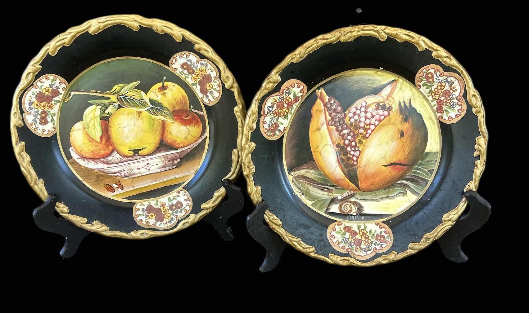 Photo 1 of 2 ORNATE BLACK AND GOLD DECORATIVE PLATES  10.5” ON STANDS