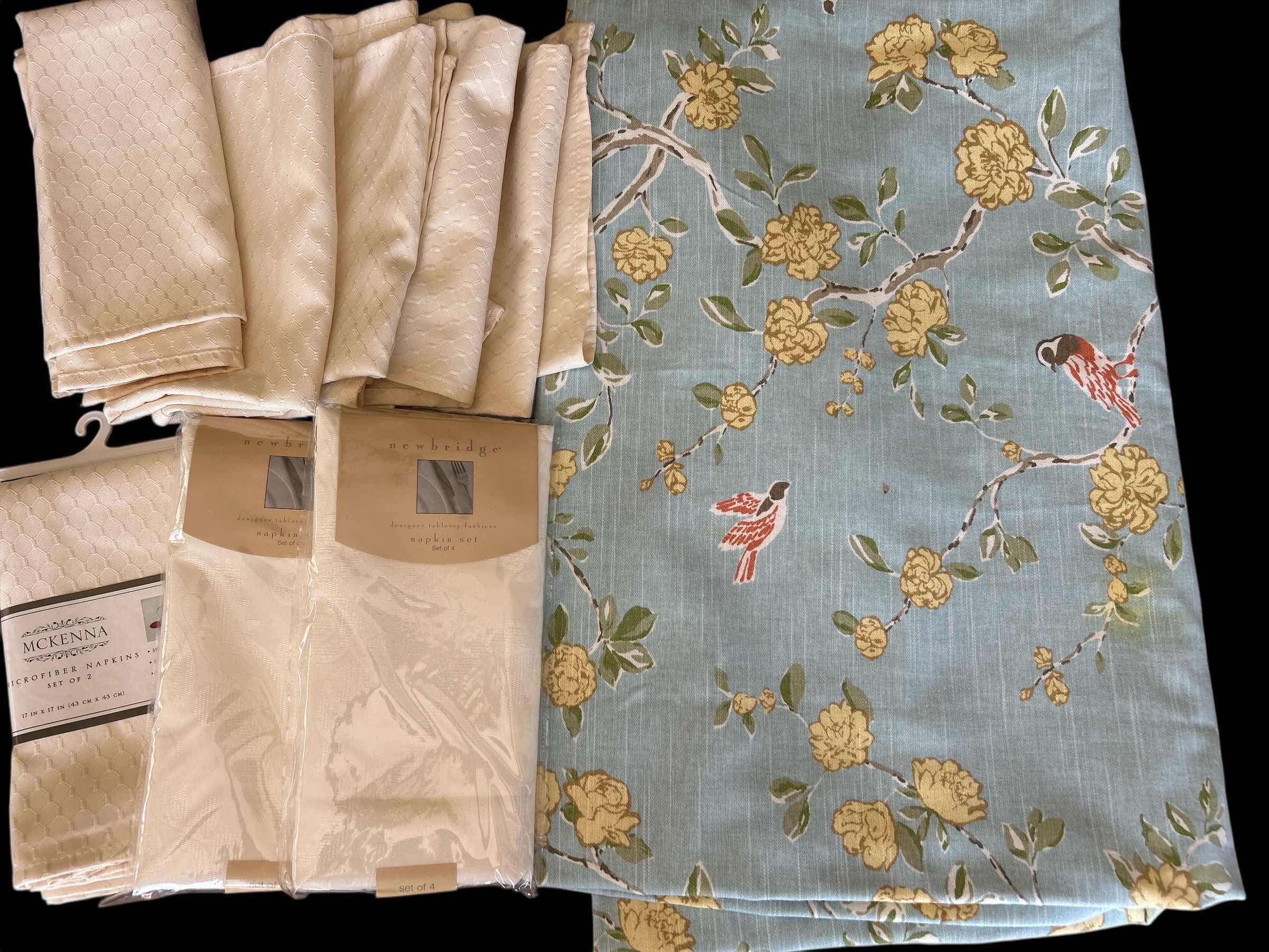 Photo 1 of 15- BEIGE NAPKINS & BLUE FLORAL W BIRD PRINT TABLECLOTH