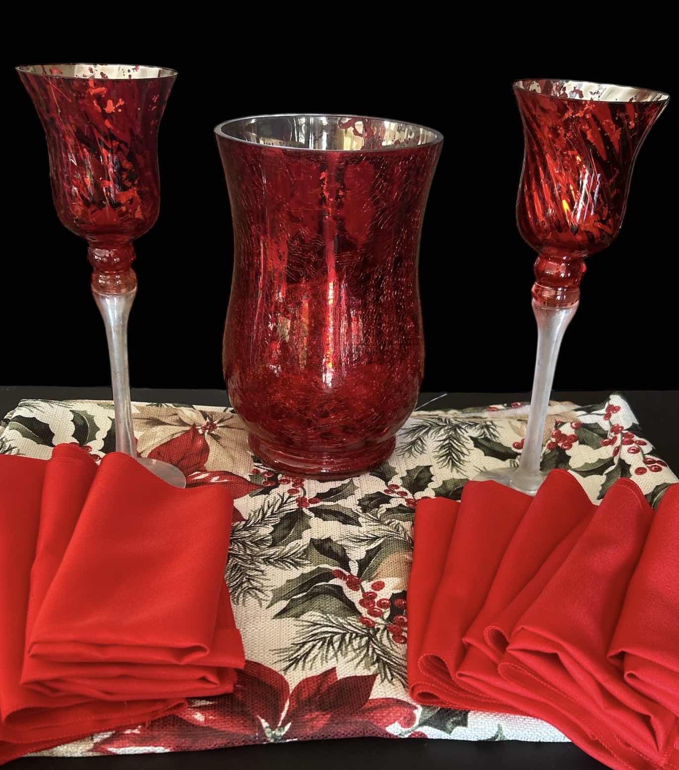 Photo 1 of CHRISTMAS TABLE CLOTH, 12 NAPKINS & 3 GLASS CANDLE HOLDERS