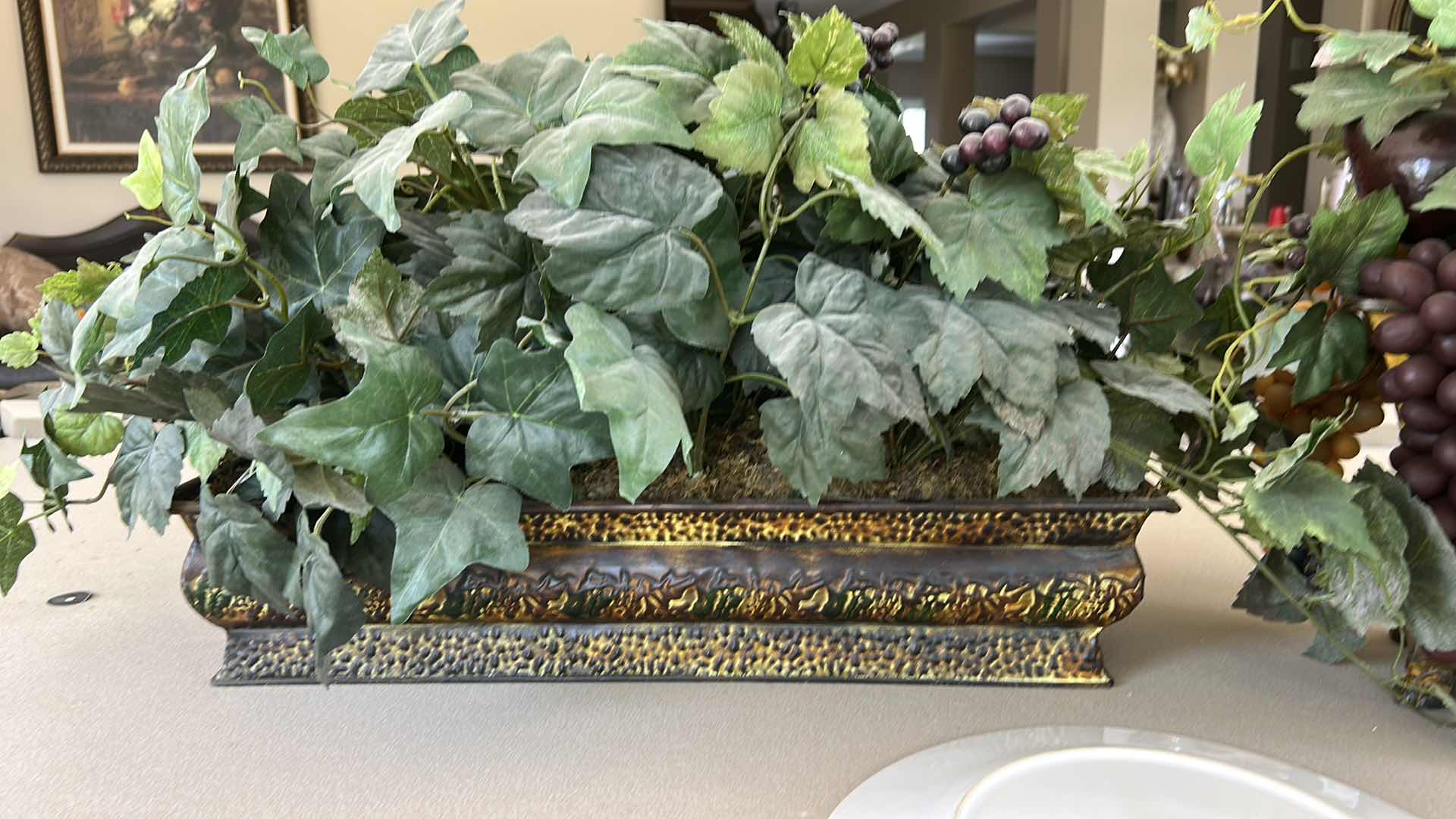 Photo 1 of 2-FAUX GRAPE PLANT ARRANGEMENTS IN DECORATIVE METAL CONTAINERS, 12” COUNTRY VILLAGE COLLECTOR'S PLATE