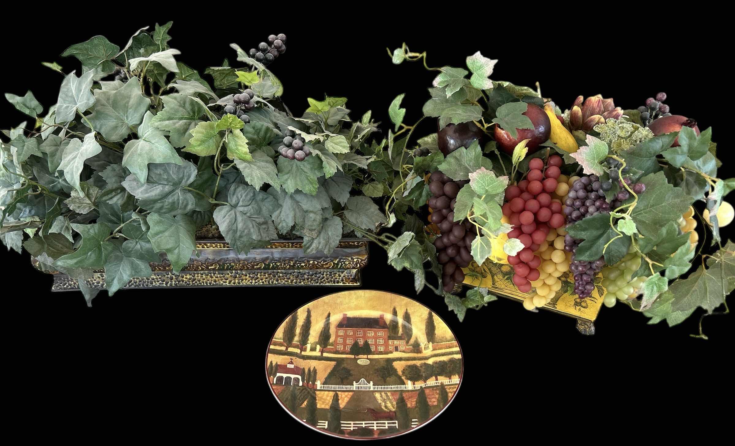 Photo 1 of 2-FAUX GRAPE PLANT ARRANGEMENTS IN DECORATIVE METAL CONTAINERS, 12” COUNTRY VILLAGE COLLECTOR'S PLATE