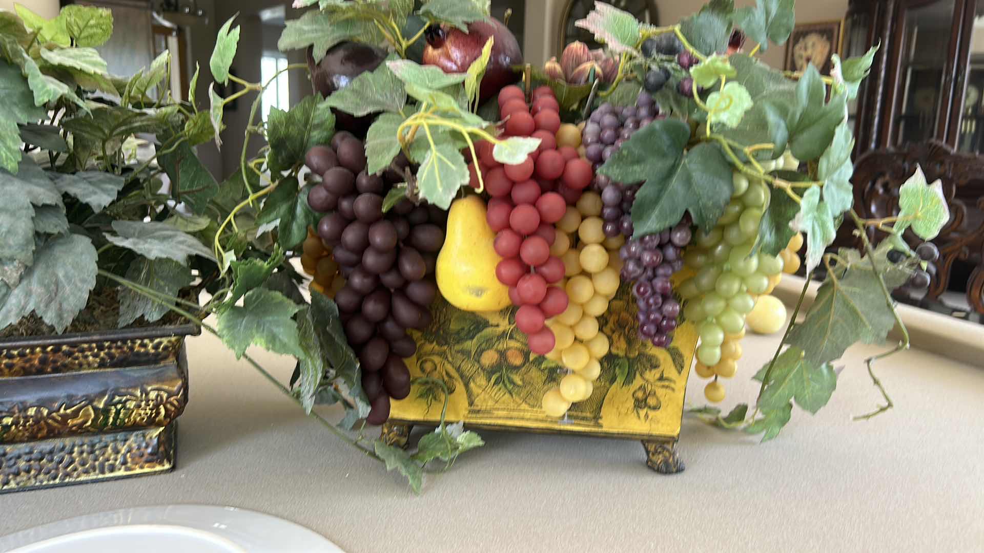 Photo 1 of 2-FAUX GRAPE PLANT ARRANGEMENTS IN DECORATIVE METAL CONTAINERS, 12” COUNTRY VILLAGE COLLECTOR'S PLATE