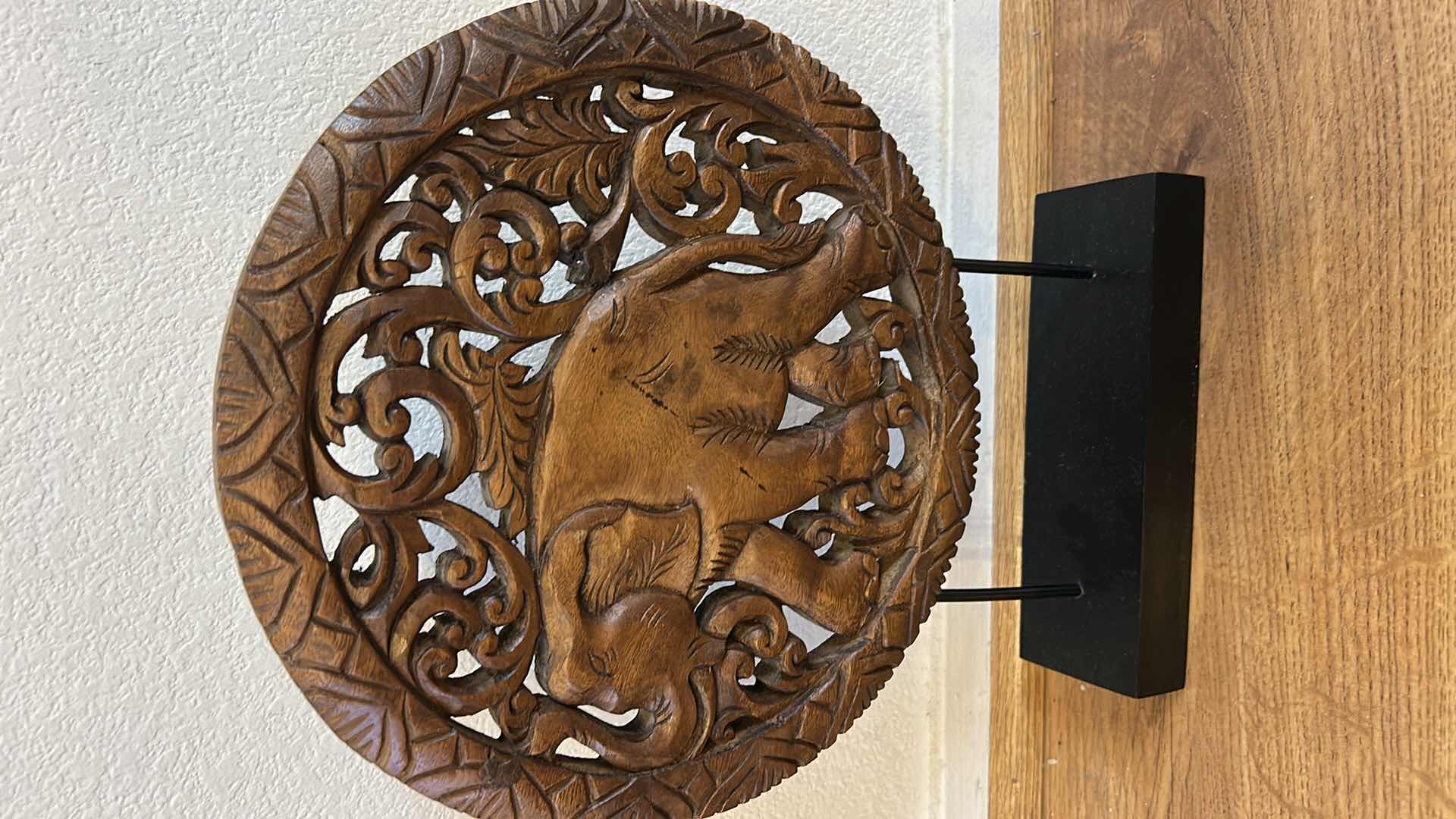 Photo 1 of CARVED WOOD ELEPHANT DECOR ON STAND H15.5”