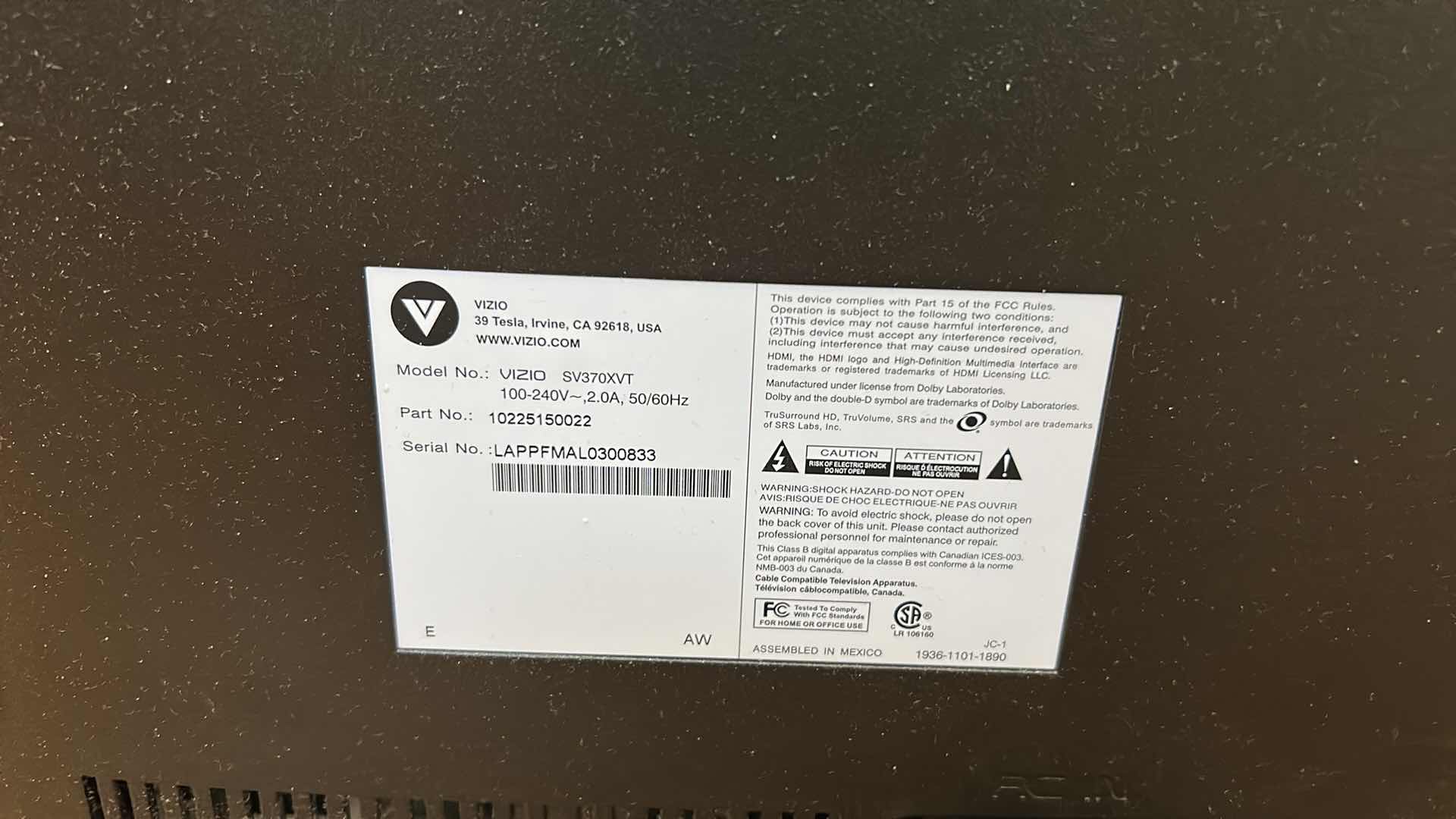 Photo 1 of VIZIO 37” FLAT SCREEN TV