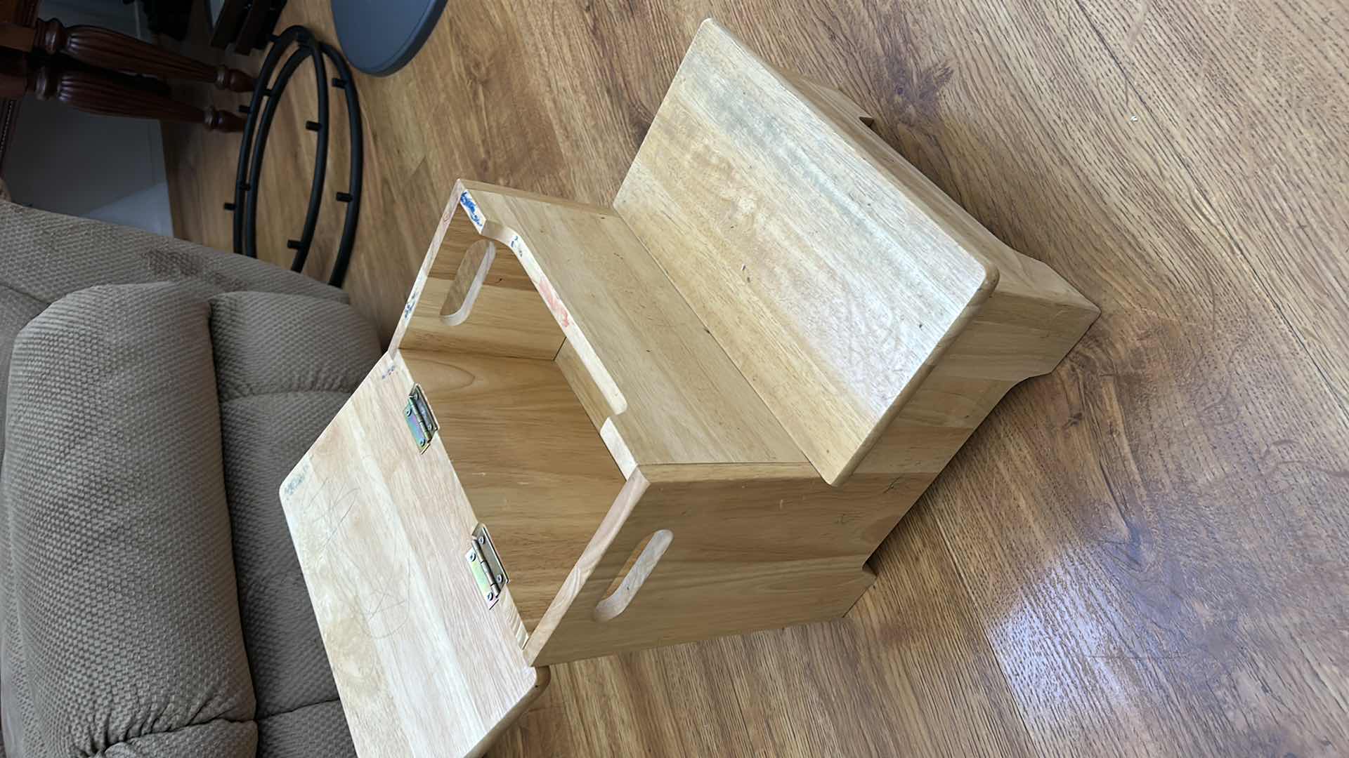 Photo 1 of SMALL WOOD STEPPING STOOL H13”WITH STORAGE COMPARTMENT