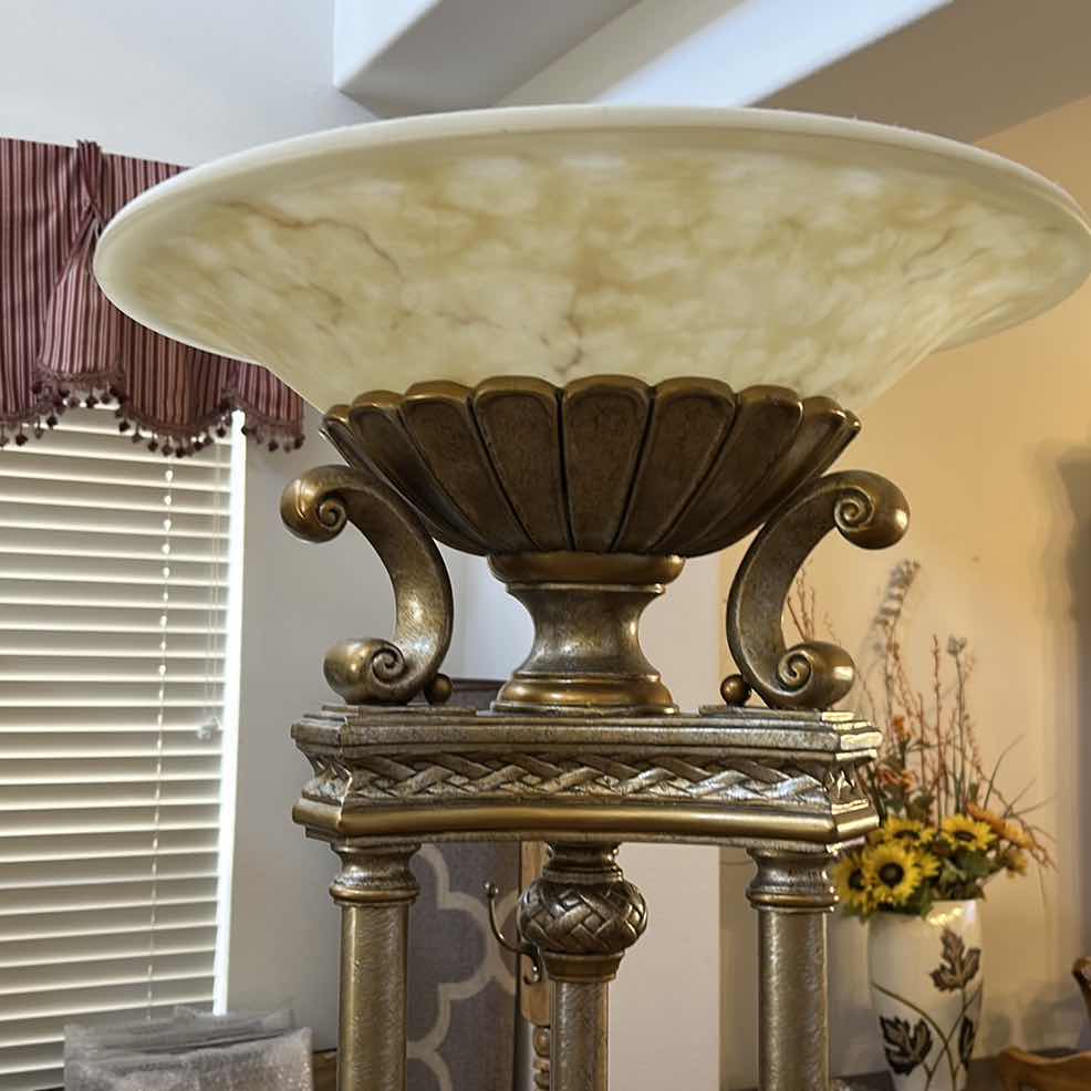 Photo 1 of 6.5’ HEAVY ORNATE GOLD METAL FLOOR LAMP WITH COLORED GLASS SHADE