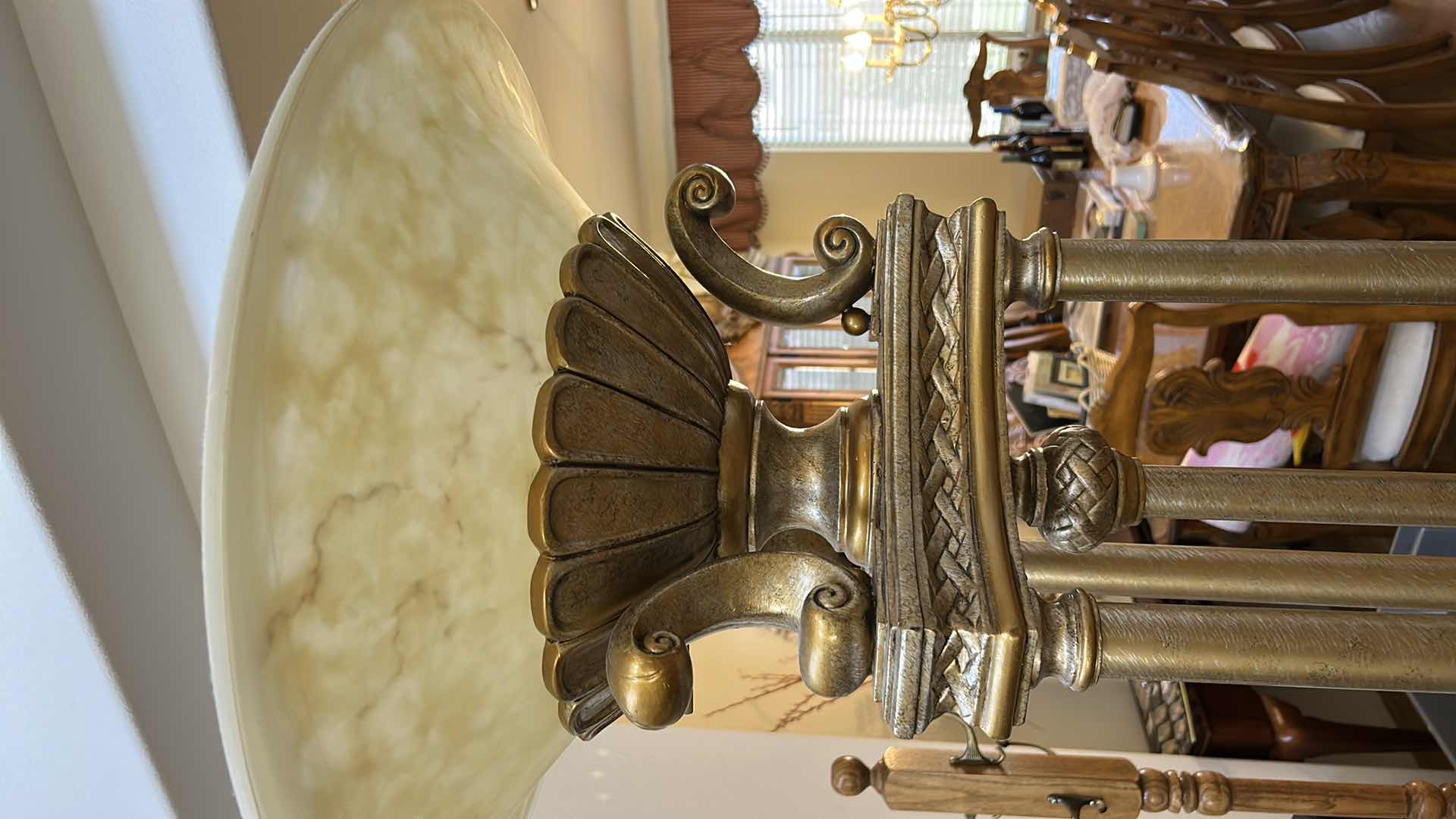 Photo 1 of 6.5’ HEAVY ORNATE GOLD METAL FLOOR LAMP WITH COLORED GLASS SHADE