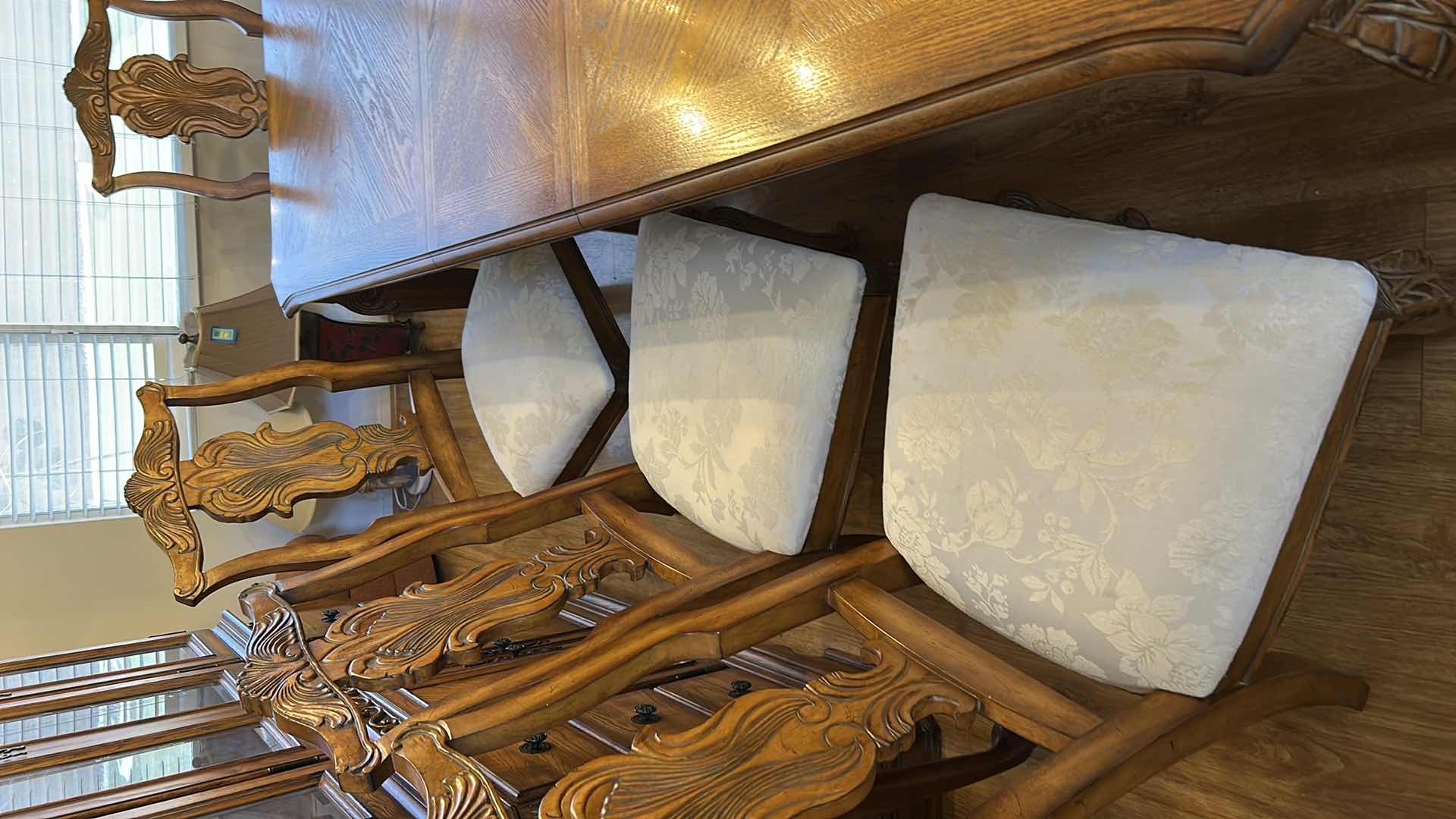 Photo 1 of WOOD DINING ROOM TABLE WITH ONE LEAF 8 CHAIRS, 2 ARM CHAIRS AND 6 SIDE CHAIRS 44” x 91” x 29 1/2” center 18 inches