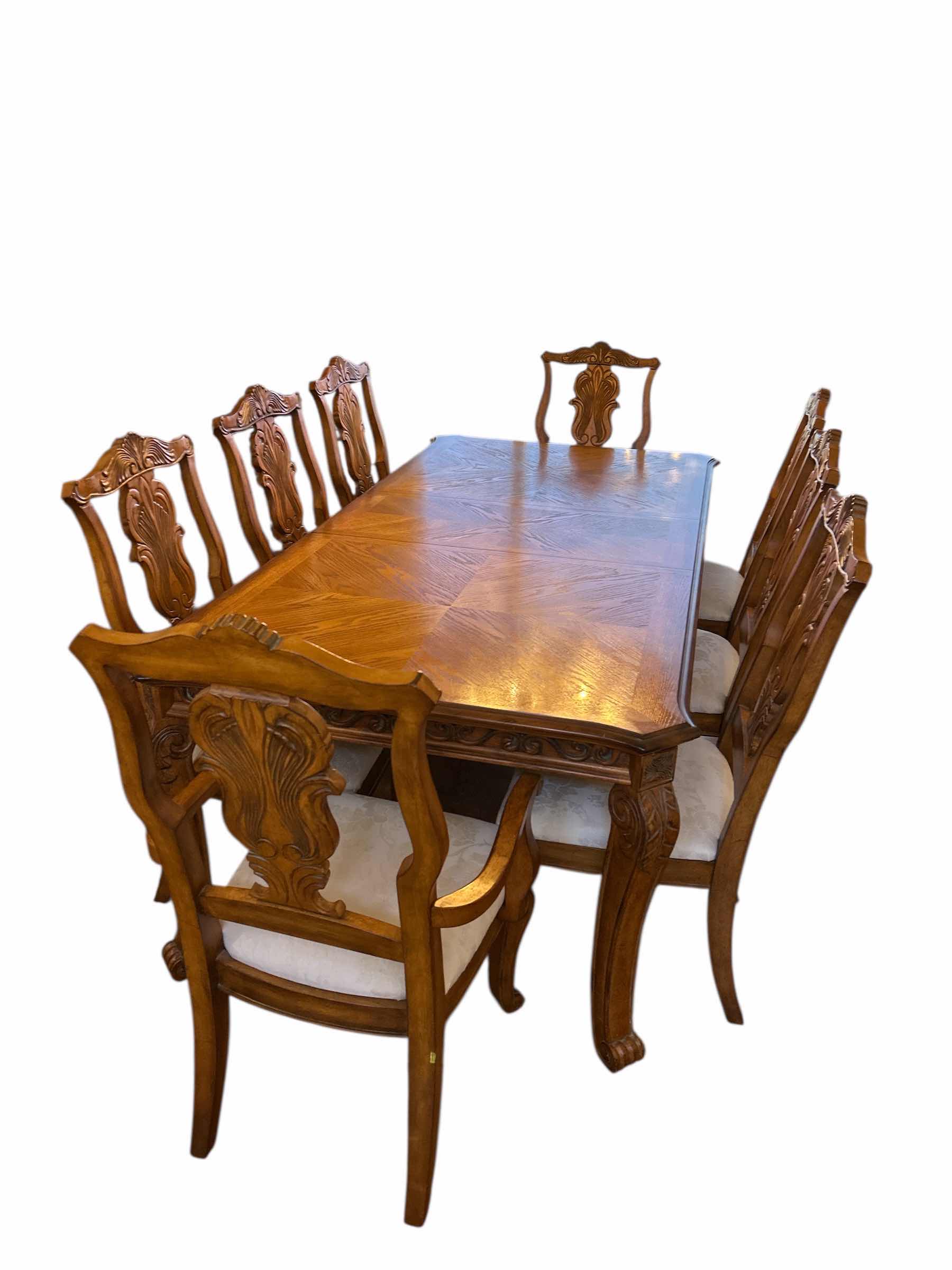 Photo 1 of WOOD DINING ROOM TABLE WITH ONE LEAF 8 CHAIRS, 2 ARM CHAIRS AND 6 SIDE CHAIRS 44” x 91” x 29 1/2” center 18 inches