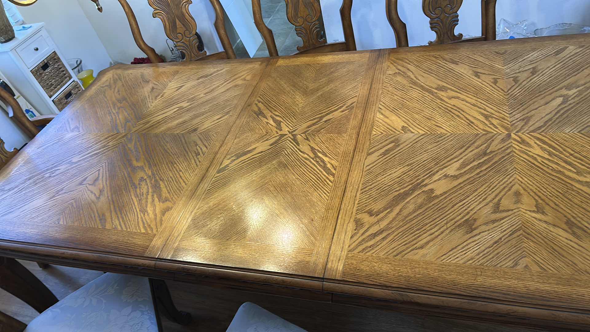 Photo 1 of WOOD DINING ROOM TABLE WITH ONE LEAF 8 CHAIRS, 2 ARM CHAIRS AND 6 SIDE CHAIRS 44” x 91” x 29 1/2” center 18 inches