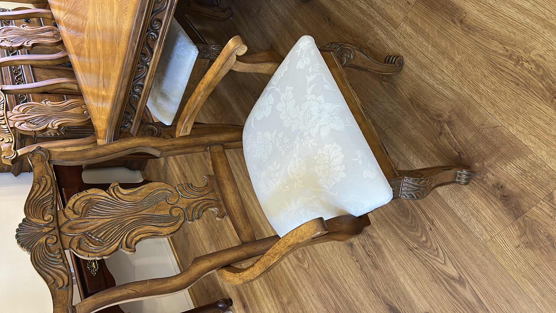 Photo 1 of WOOD DINING ROOM TABLE WITH ONE LEAF 8 CHAIRS, 2 ARM CHAIRS AND 6 SIDE CHAIRS 44” x 91” x 29 1/2” center 18 inches