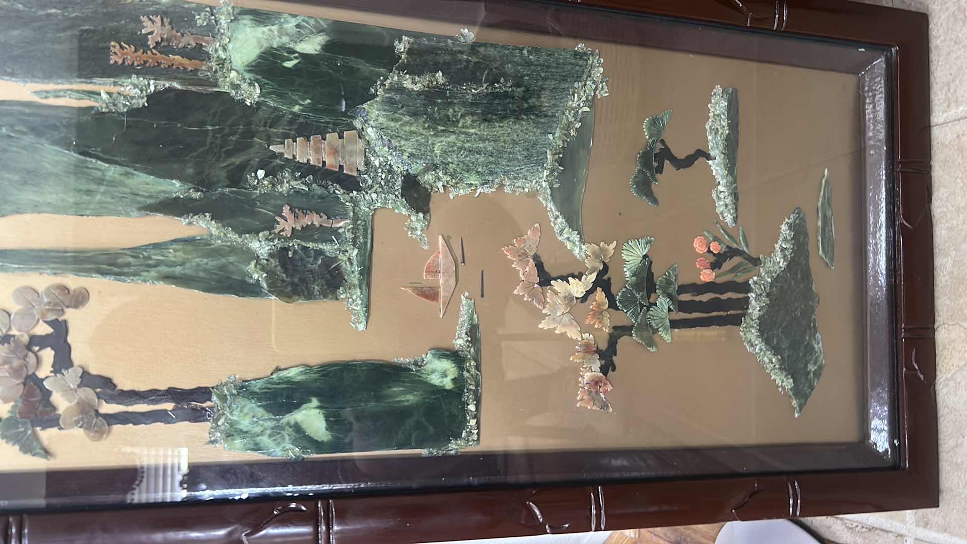 Photo 1 of CHINESE PANEL WITH INLAID JADE AND GEM STONES ARTWORK 14 1/2”, five H40 1/2”