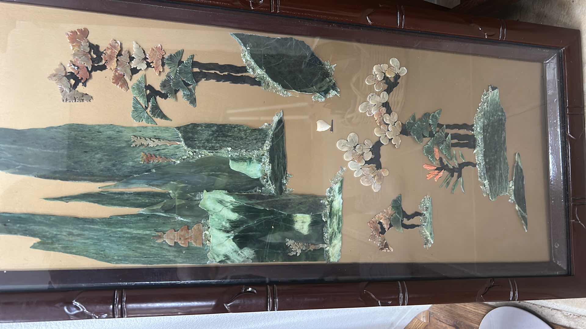 Photo 1 of CHINESE PANEL WITH INLAID JADE AND GEM STONES ARTWORK 14 1/2”, five H40 1/2”