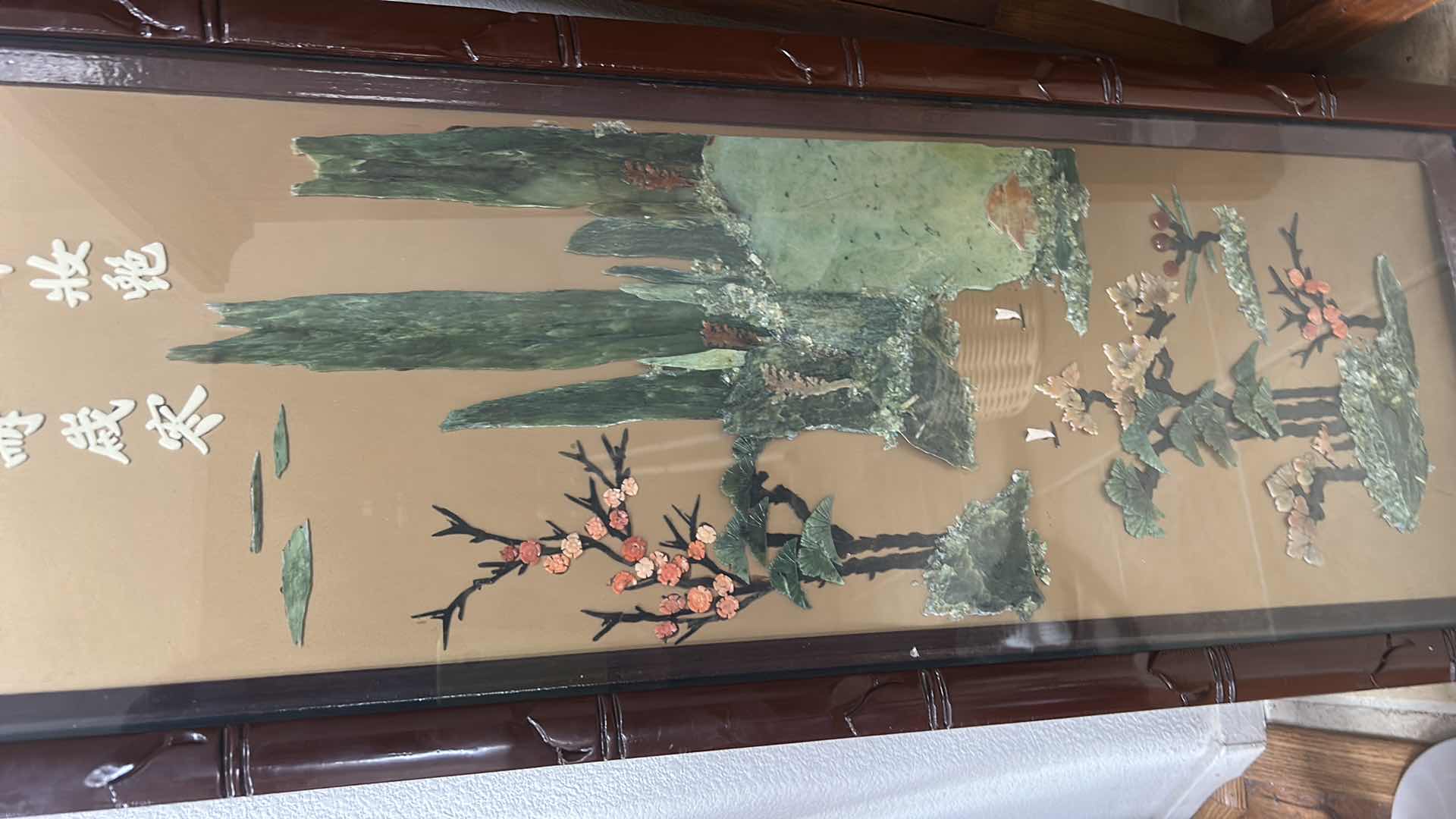 Photo 1 of CHINESE PANEL WITH INLAID JADE AND GEM STONES ARTWORK 14 1/2”, five H40 1/2”