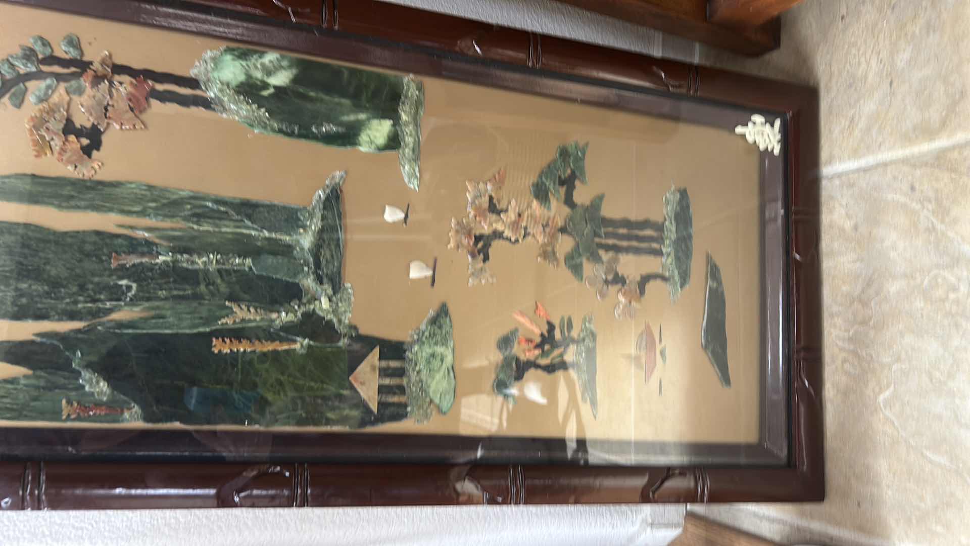 Photo 4 of CHINESE PANEL WITH INLAID JADE AND GEM STONES ARTWORK 14 1/2”, five H40 1/2”