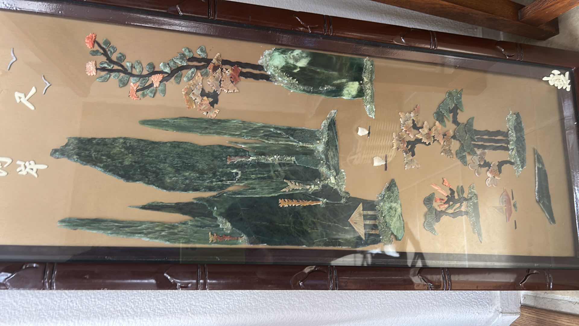 Photo 3 of CHINESE PANEL WITH INLAID JADE AND GEM STONES ARTWORK 14 1/2”, five H40 1/2”