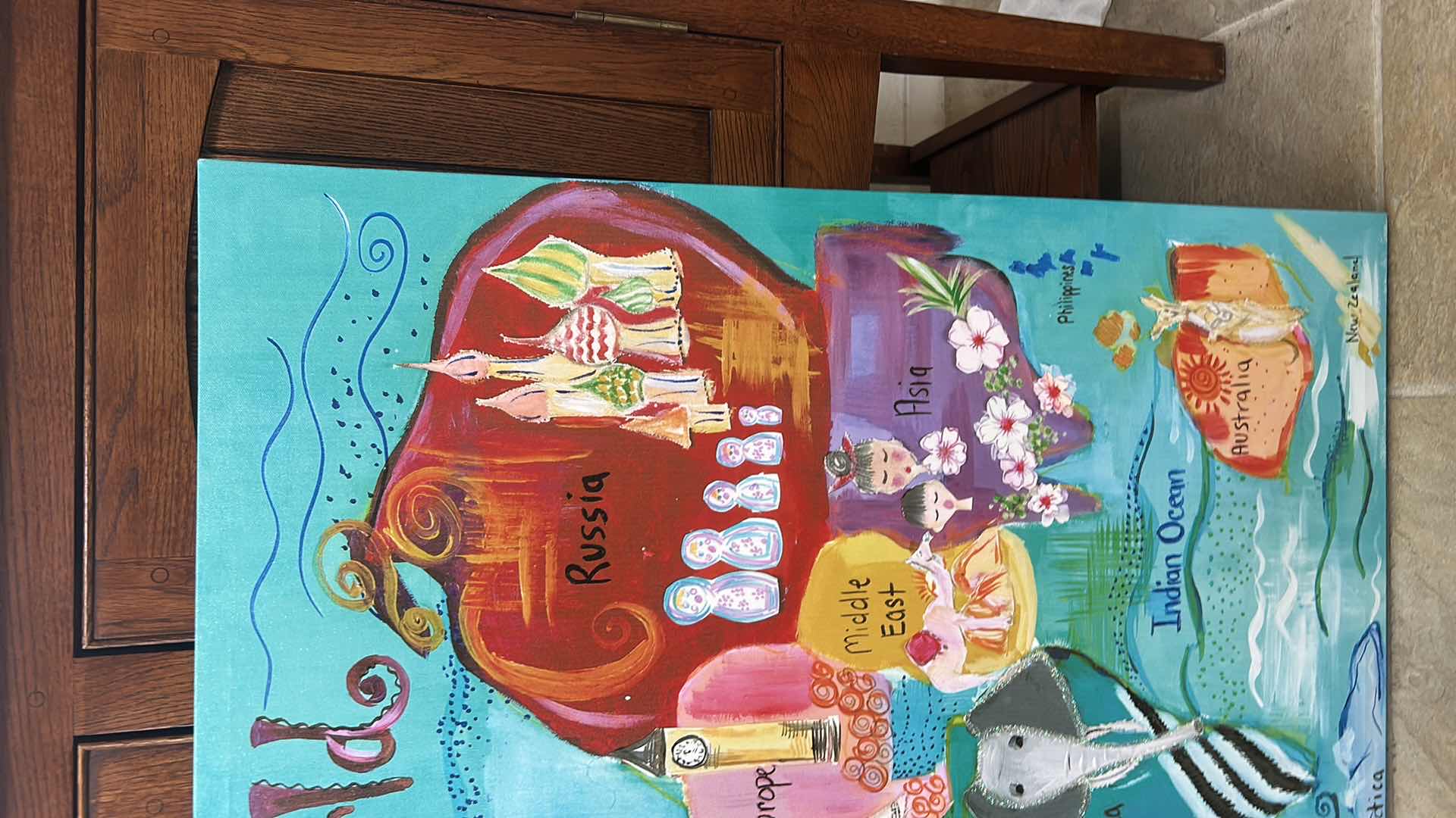 Photo 1 of STRETCHED CANVAS, THE WORLD PAINTED ARTWORK 40” x H30 1/2”