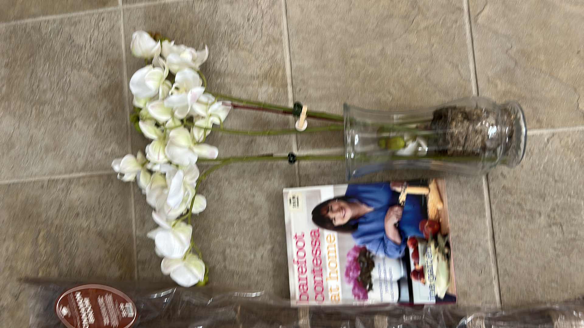 Photo 1 of HOUSEHOLD ASSORTMENT- WIRE RACKS, CINNAMON BROOM, HARDCOVER BOOK, FAUX ORCHID IN GLASS VASE