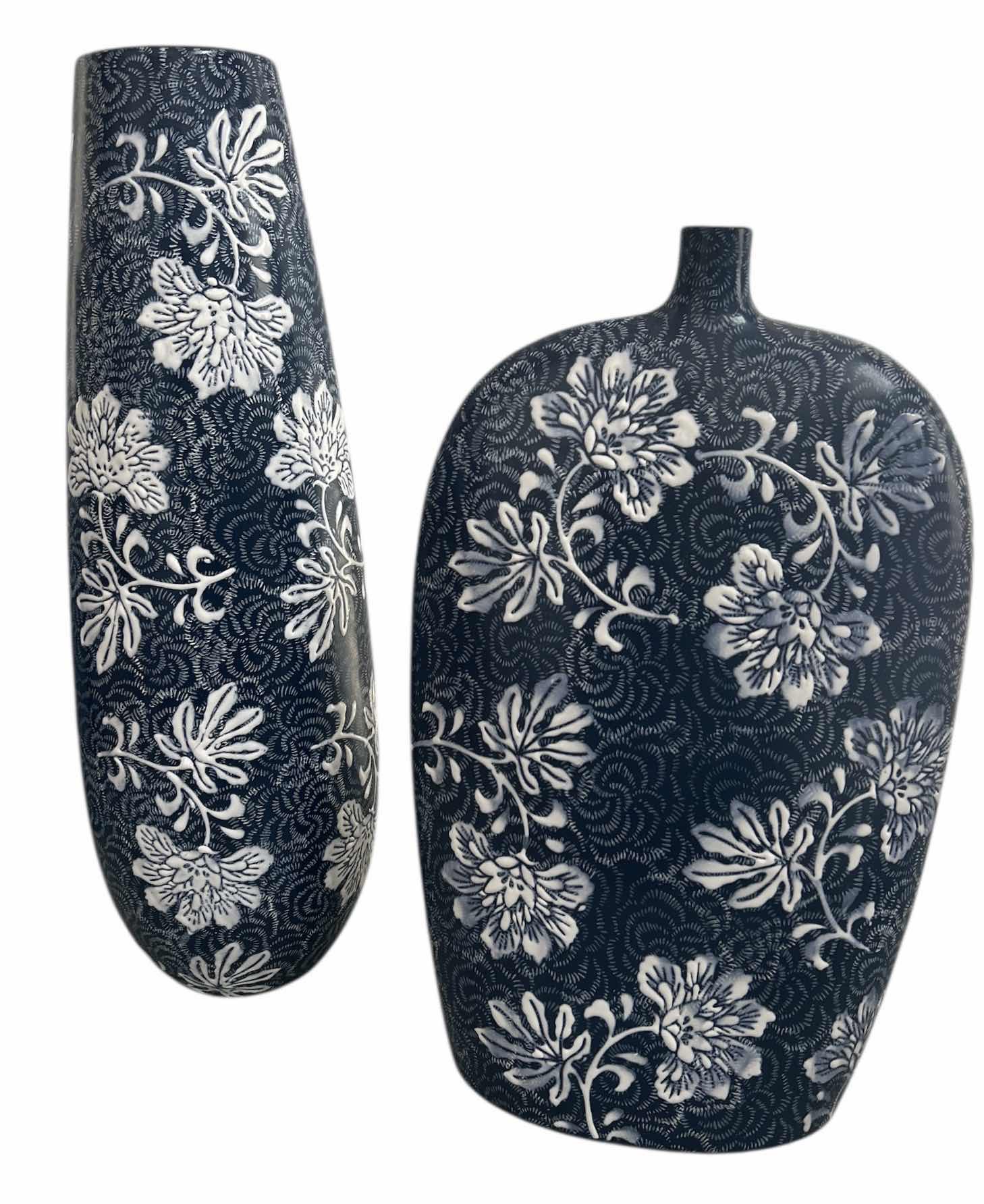 Photo 1 of 2 LARGE BLUE AND WHITE CERAMIC VASES (TALLEST 24”)