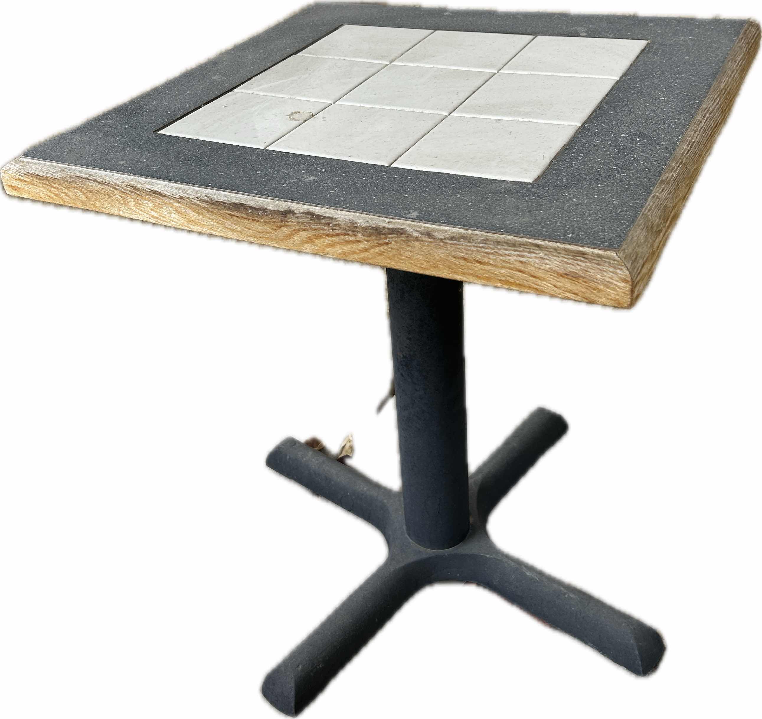 Photo 1 of OUTDOOR WOOD TILE TOP TABLE WITH BLACK METAL BASE 20” x H23 1/2”
