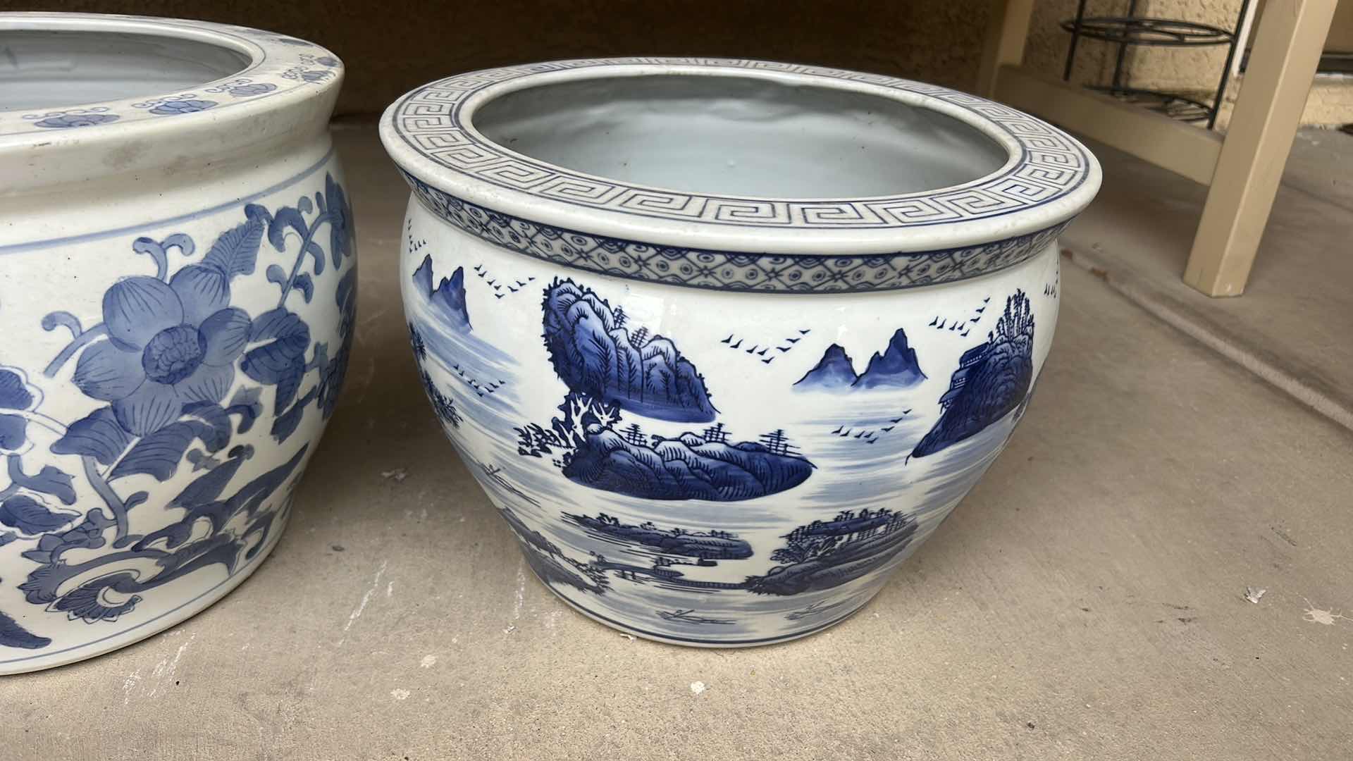 Photo 1 of 2 BLUE AND WHITE CERAMIC FISHBOWL POTS H11” & 10”