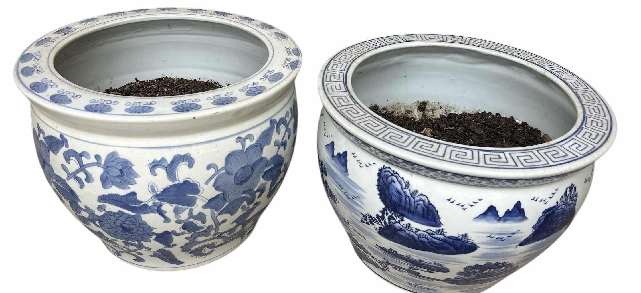 Photo 1 of 2 BLUE AND WHITE CERAMIC FISHBOWL POTS H11” & 10”