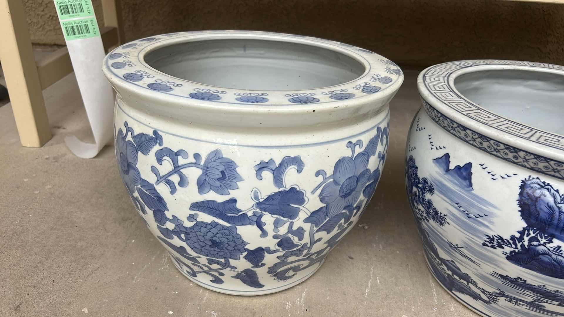 Photo 1 of 2 BLUE AND WHITE CERAMIC FISHBOWL POTS H11” & 10”