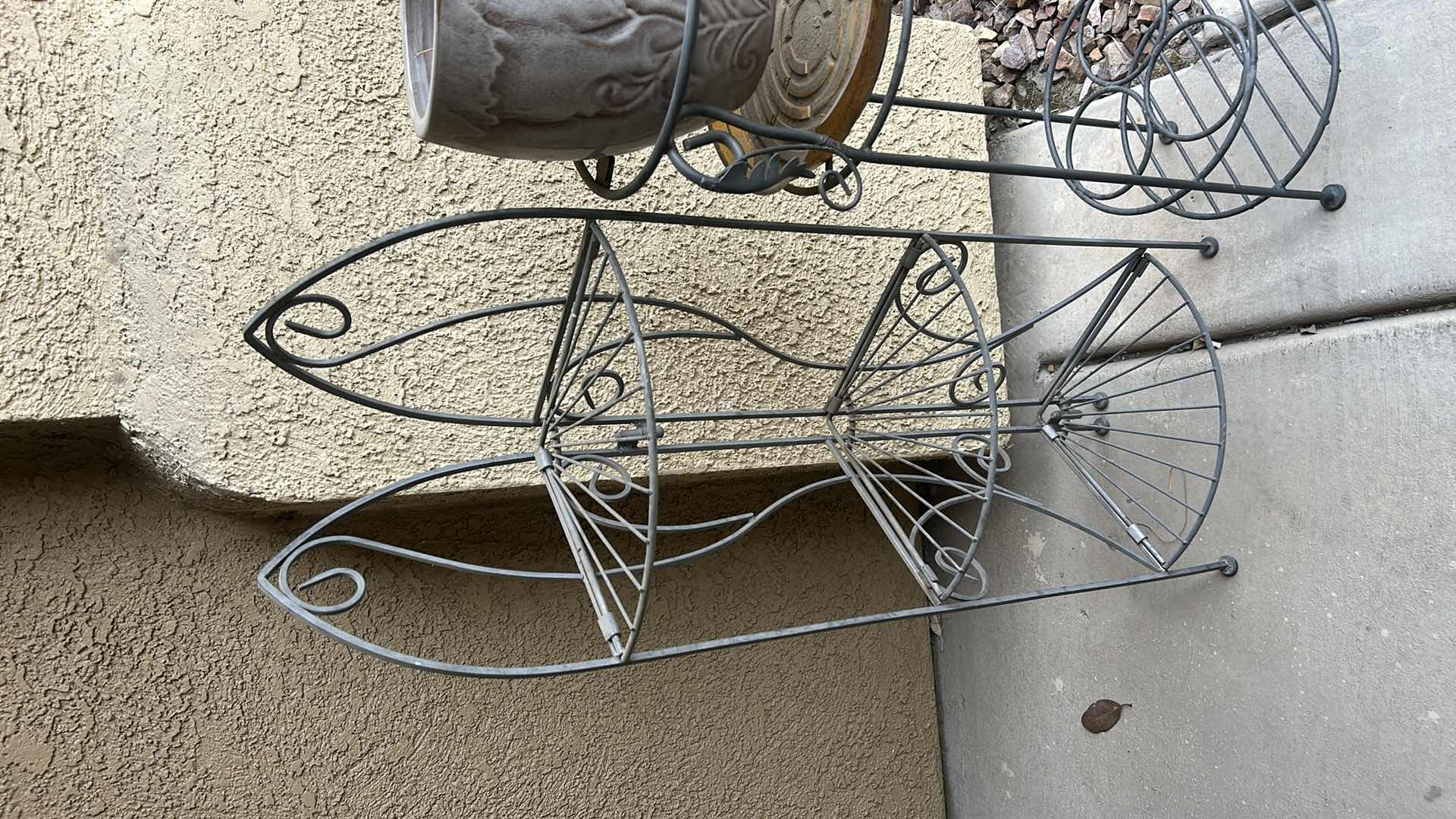 Photo 1 of 2 METAL PLANT STANDS AND GLAZED POTTERY (TALLEST H33”)