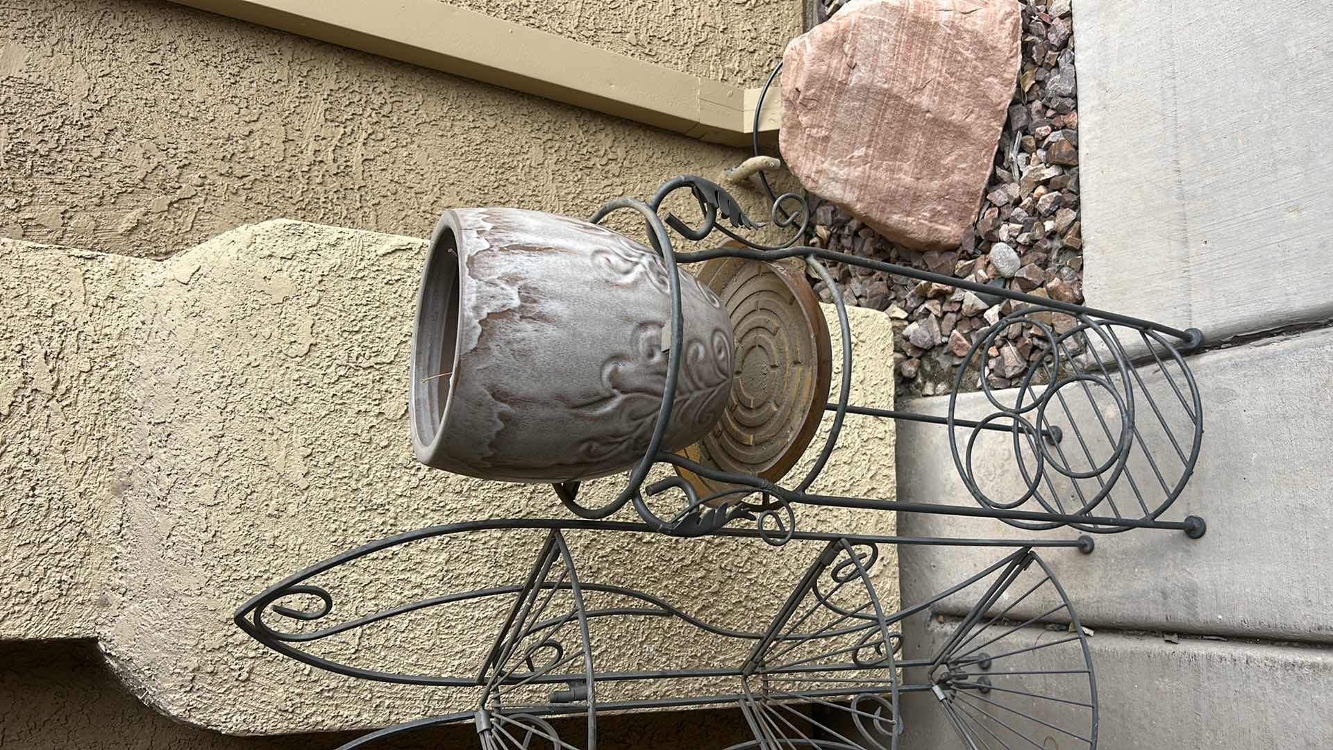 Photo 1 of 2 METAL PLANT STANDS AND GLAZED POTTERY (TALLEST H33”)