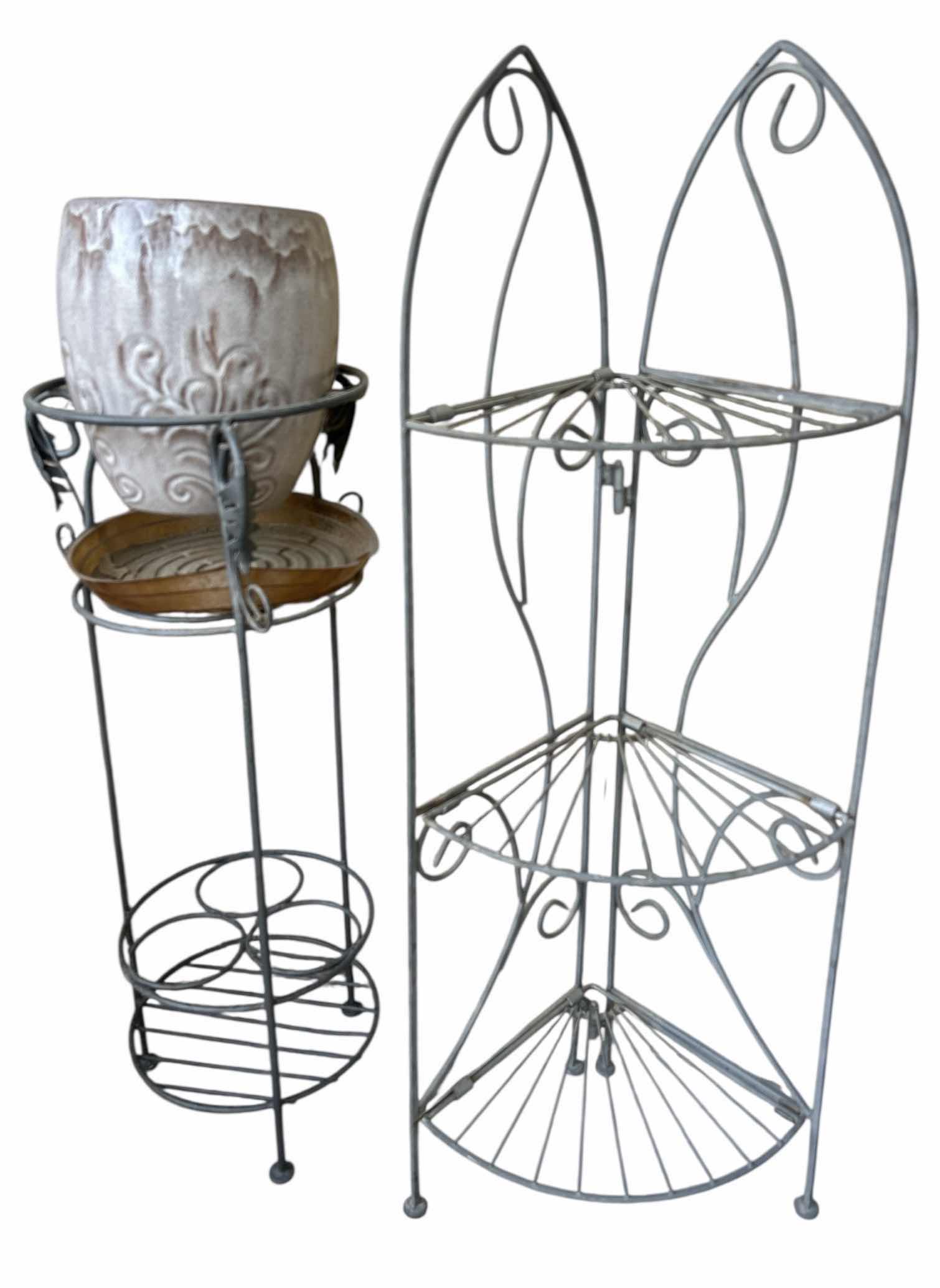 Photo 1 of 2 METAL PLANT STANDS AND GLAZED POTTERY (TALLEST H33”)