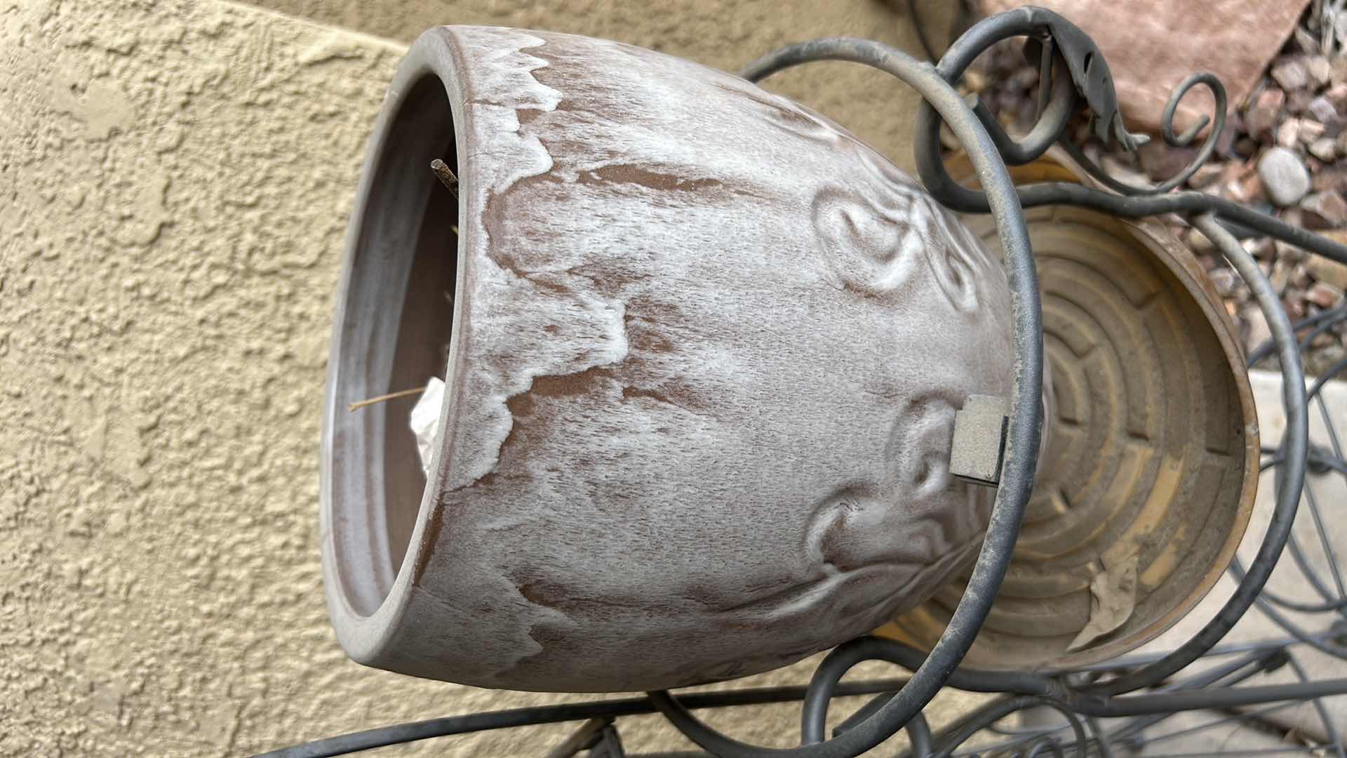 Photo 1 of 2 METAL PLANT STANDS AND GLAZED POTTERY (TALLEST H33”)