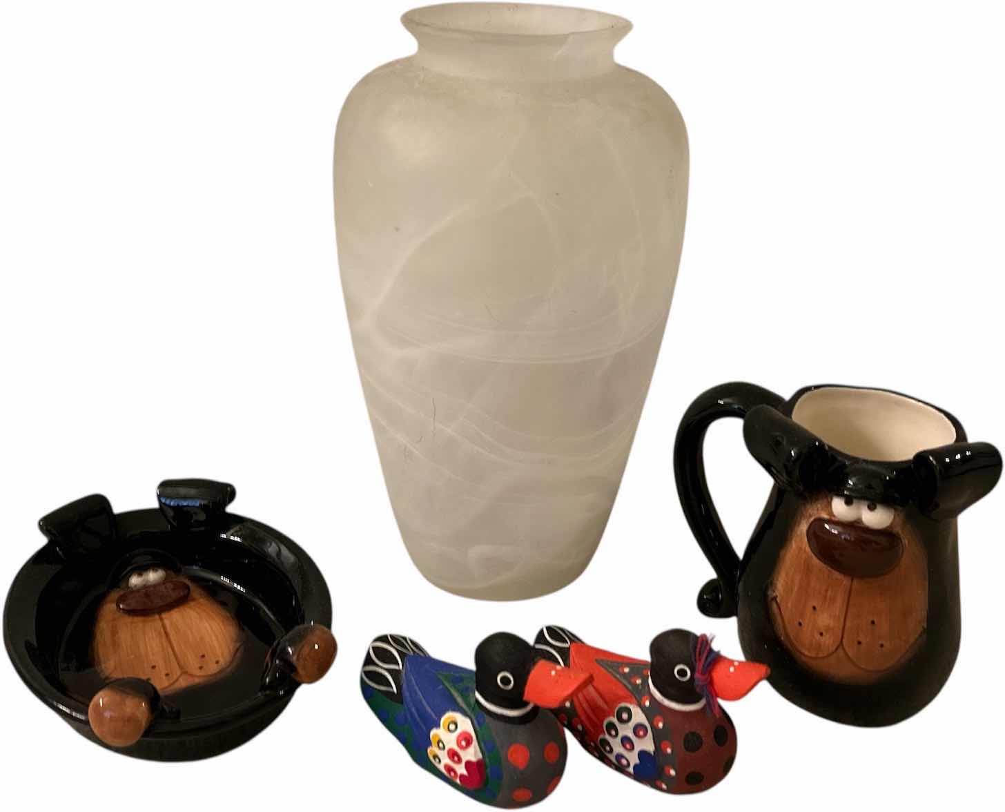 Photo 1 of 5 PC HOME DECOR MILKY WHITE GLASS VASE H10”, SOAP DISH, MUG SND TWO WOODEN DUCKS