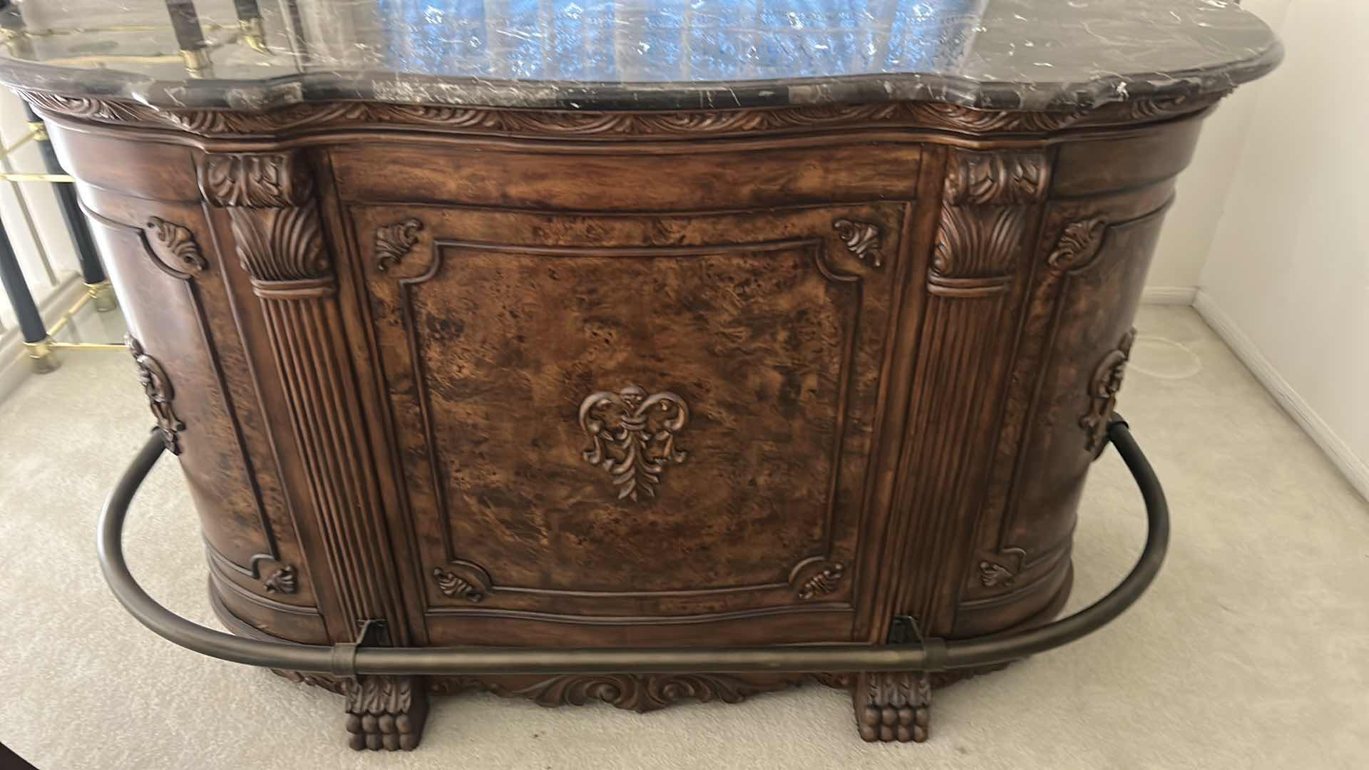 Photo 2 of HEAVY STURDY BURL WOOD INLAID BAR WITH MARBLE TOP 6‘ x 2‘ x H42“ AND  2 MATCHING BARSTOOLS