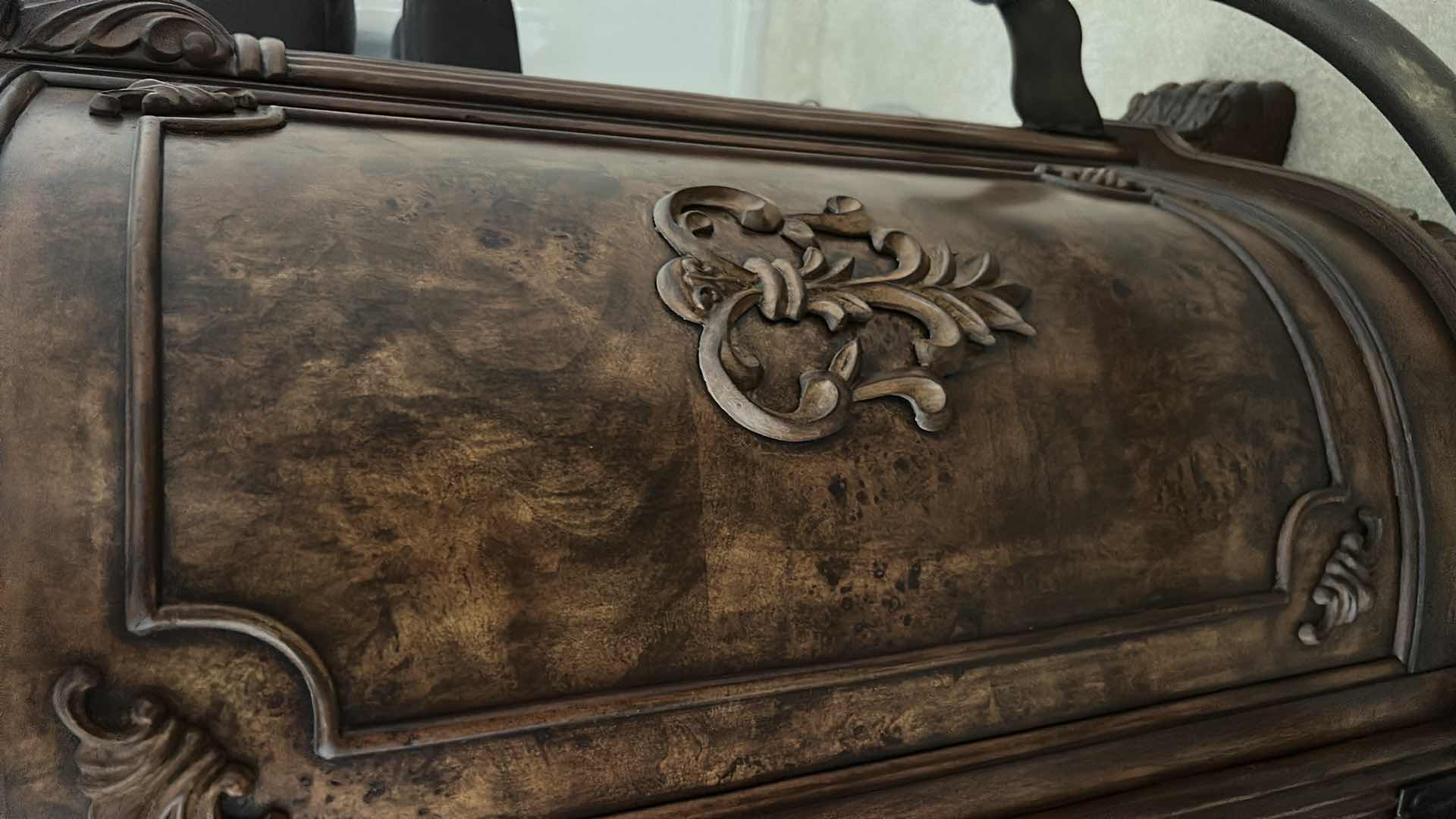 Photo 4 of HEAVY STURDY BURL WOOD INLAID BAR WITH MARBLE TOP 6‘ x 2‘ x H42“ AND  2 MATCHING BARSTOOLS