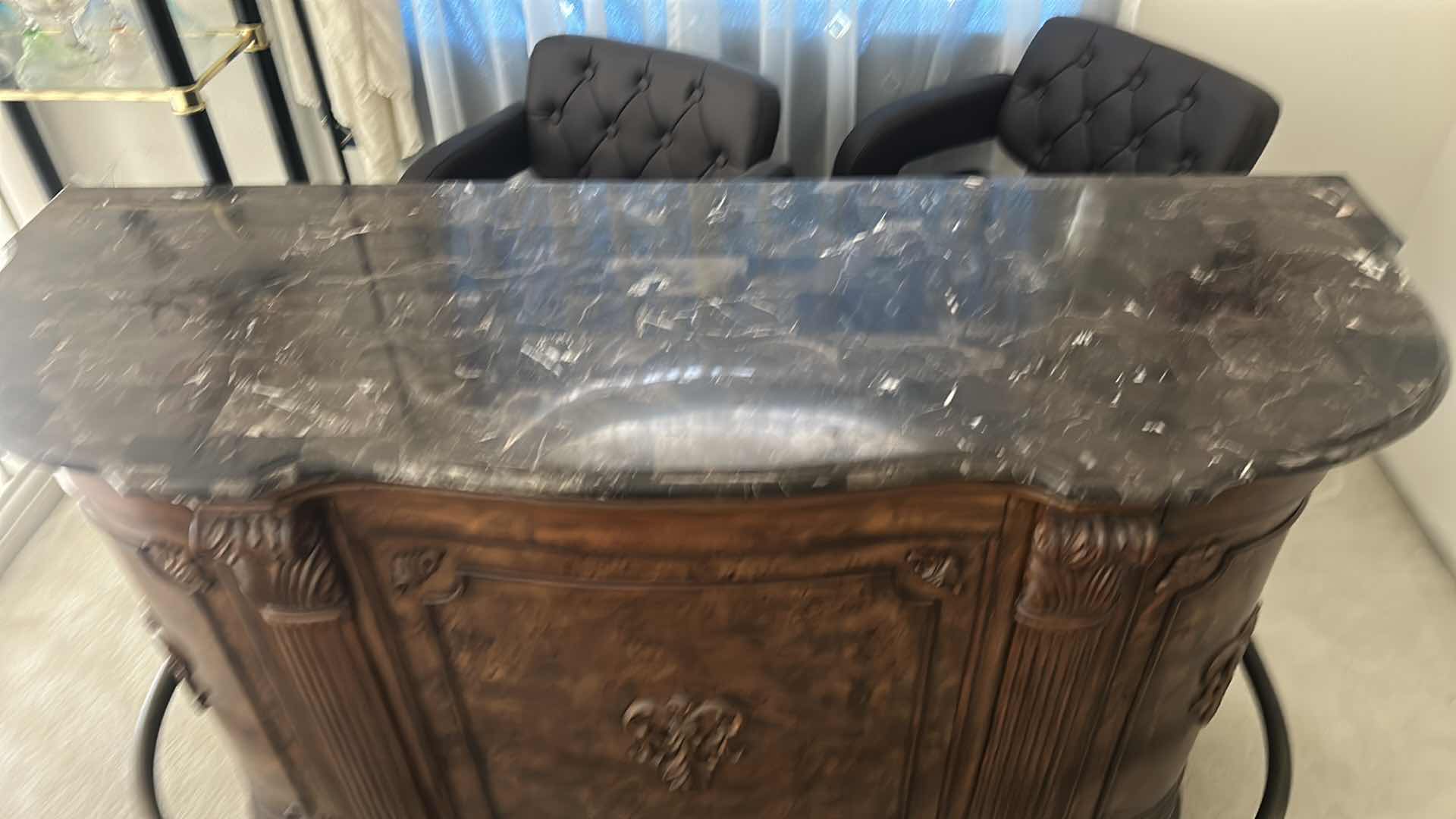 Photo 3 of HEAVY STURDY BURL WOOD INLAID BAR WITH MARBLE TOP 6‘ x 2‘ x H42“ AND  2 MATCHING BARSTOOLS