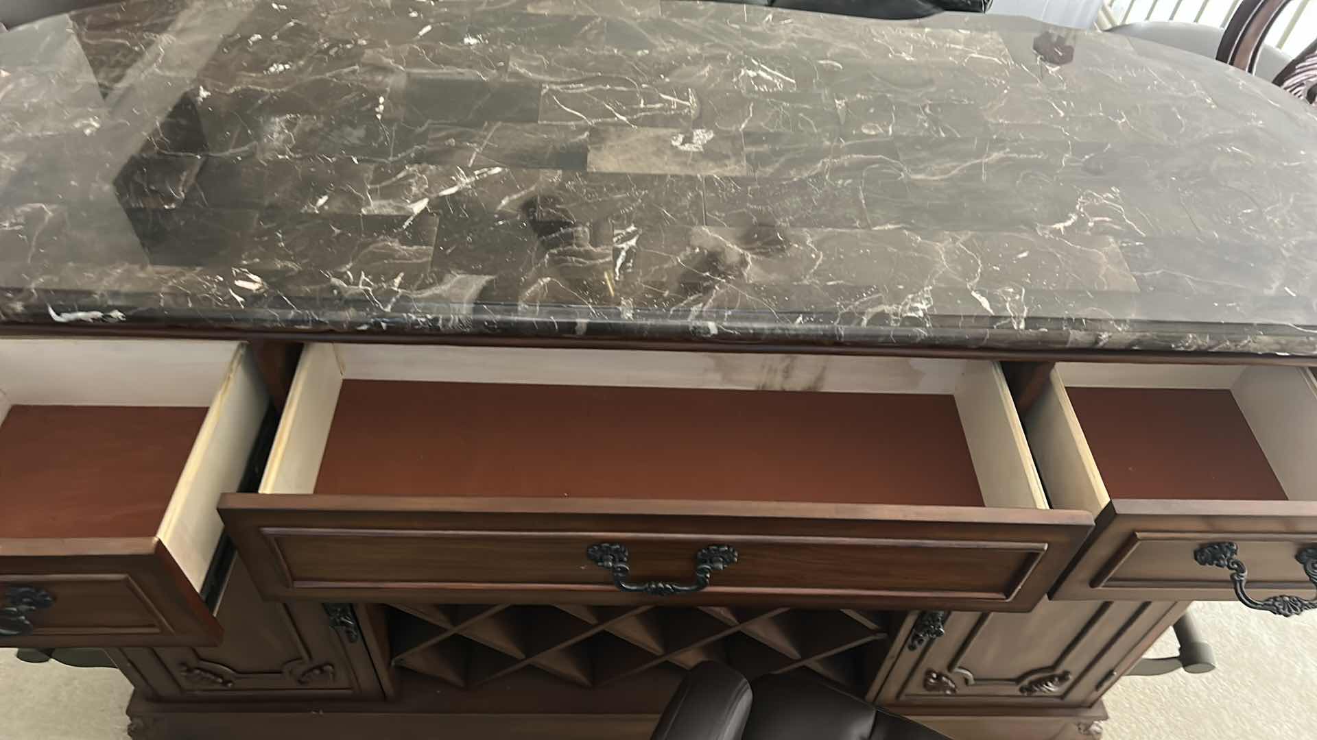 Photo 8 of HEAVY STURDY BURL WOOD INLAID BAR WITH MARBLE TOP 6‘ x 2‘ x H42“ AND  2 MATCHING BARSTOOLS