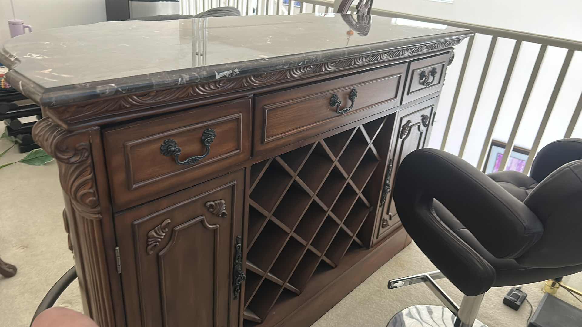 Photo 1 of HEAVY STURDY BURL WOOD INLAID BAR WITH MARBLE TOP 6‘ x 2‘ x H42“ AND  2 MATCHING BARSTOOLS