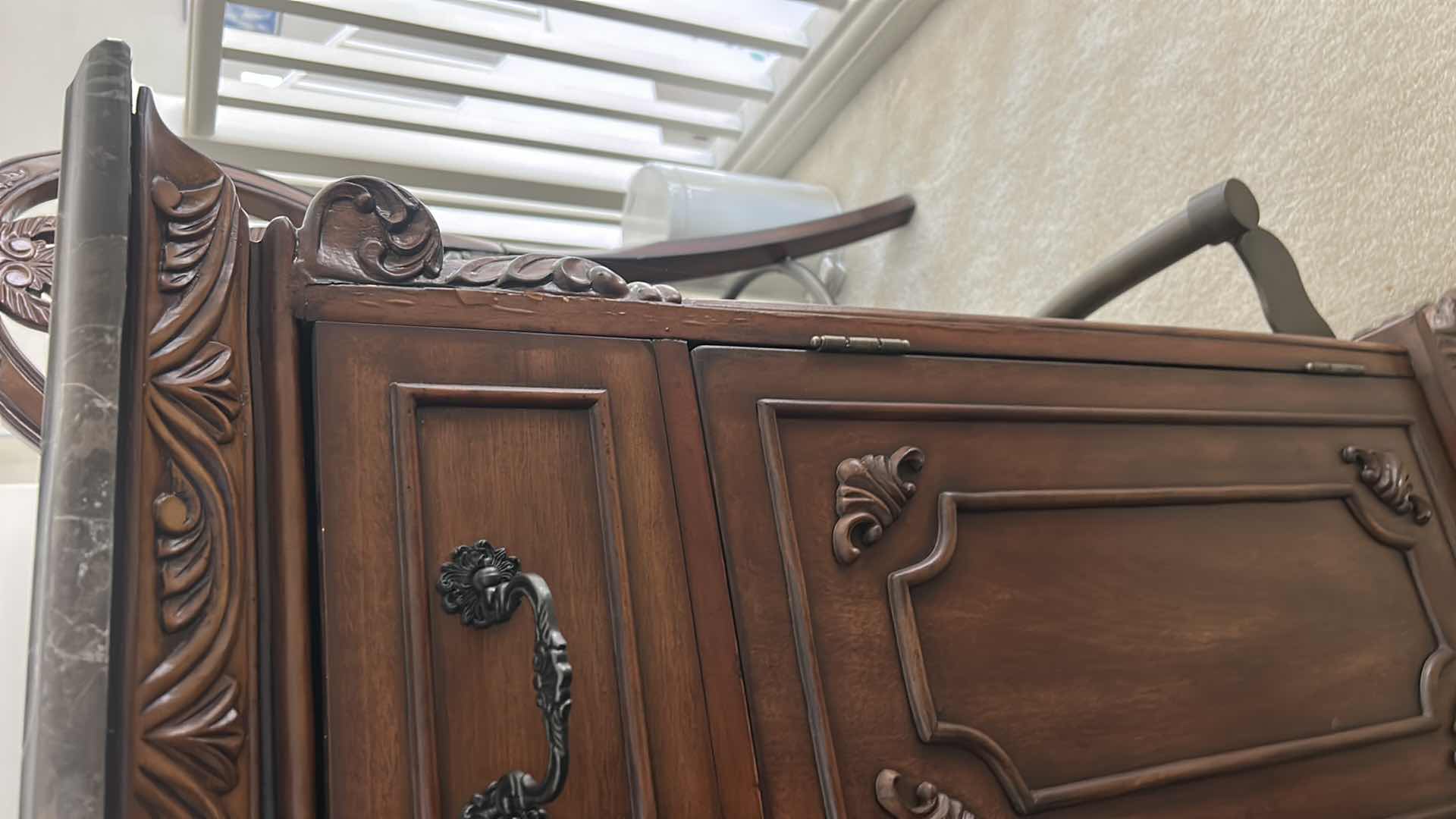Photo 12 of HEAVY STURDY BURL WOOD INLAID BAR WITH MARBLE TOP 6‘ x 2‘ x H42“ AND  2 MATCHING BARSTOOLS