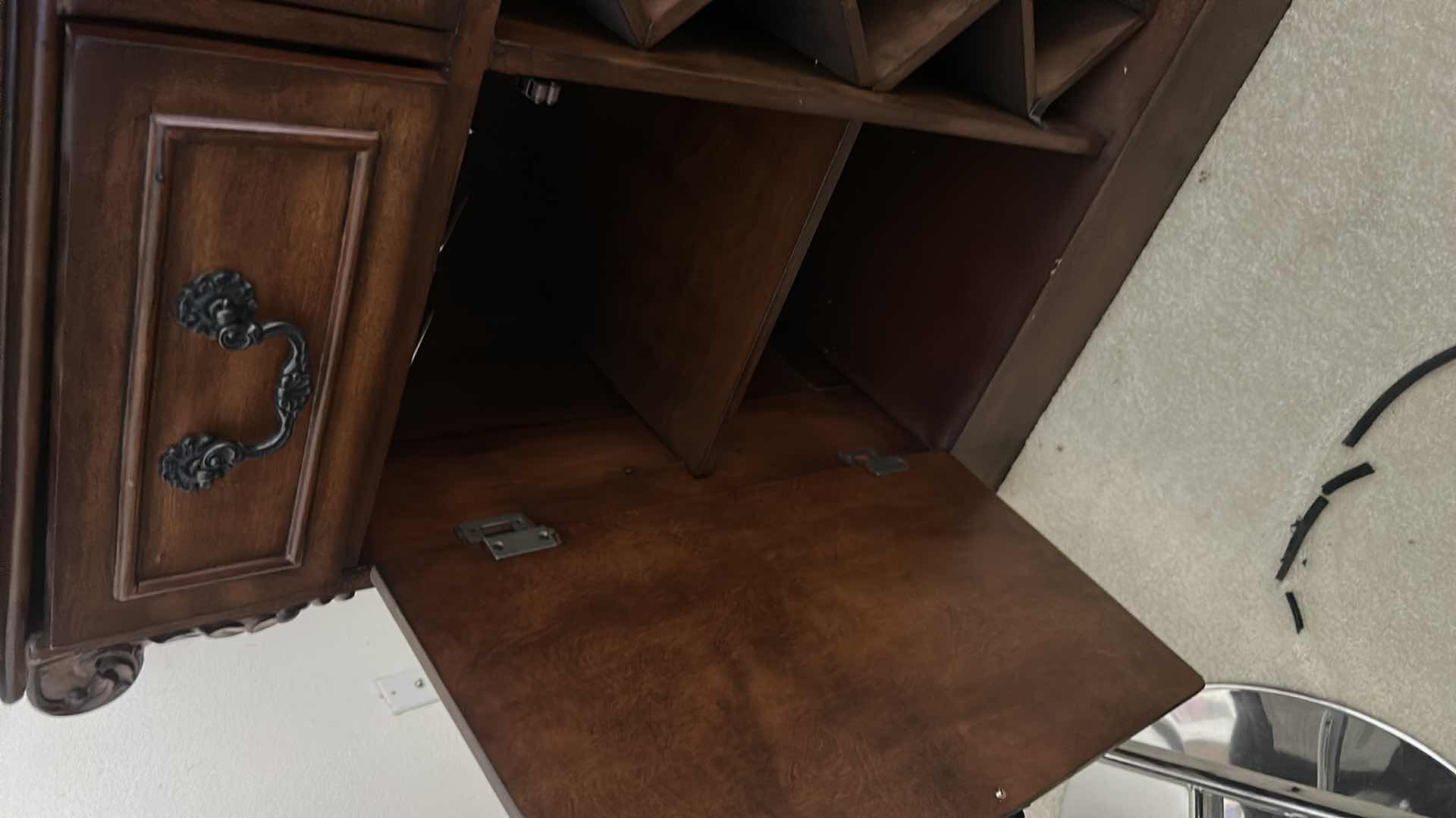 Photo 9 of HEAVY STURDY BURL WOOD INLAID BAR WITH MARBLE TOP 6‘ x 2‘ x H42“ AND  2 MATCHING BARSTOOLS