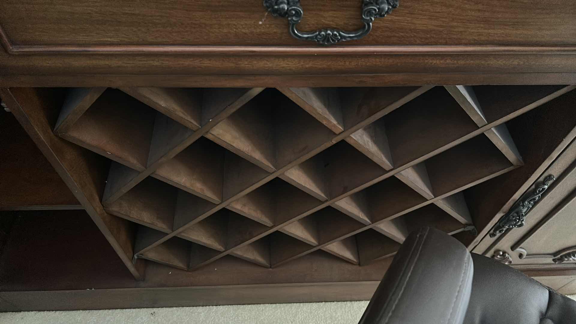 Photo 10 of HEAVY STURDY BURL WOOD INLAID BAR WITH MARBLE TOP 6‘ x 2‘ x H42“ AND  2 MATCHING BARSTOOLS