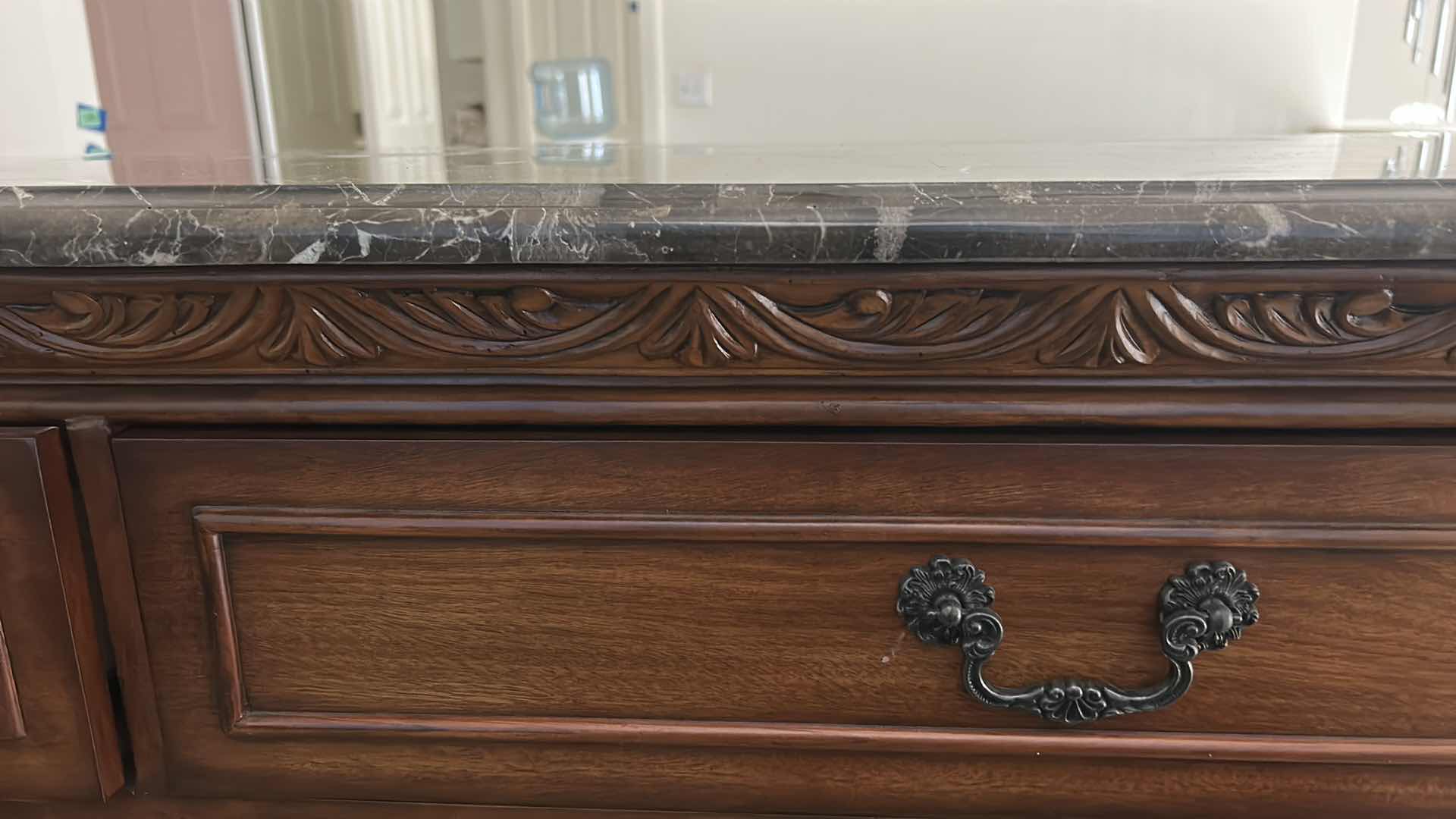 Photo 13 of HEAVY STURDY BURL WOOD INLAID BAR WITH MARBLE TOP 6‘ x 2‘ x H42“ AND  2 MATCHING BARSTOOLS
