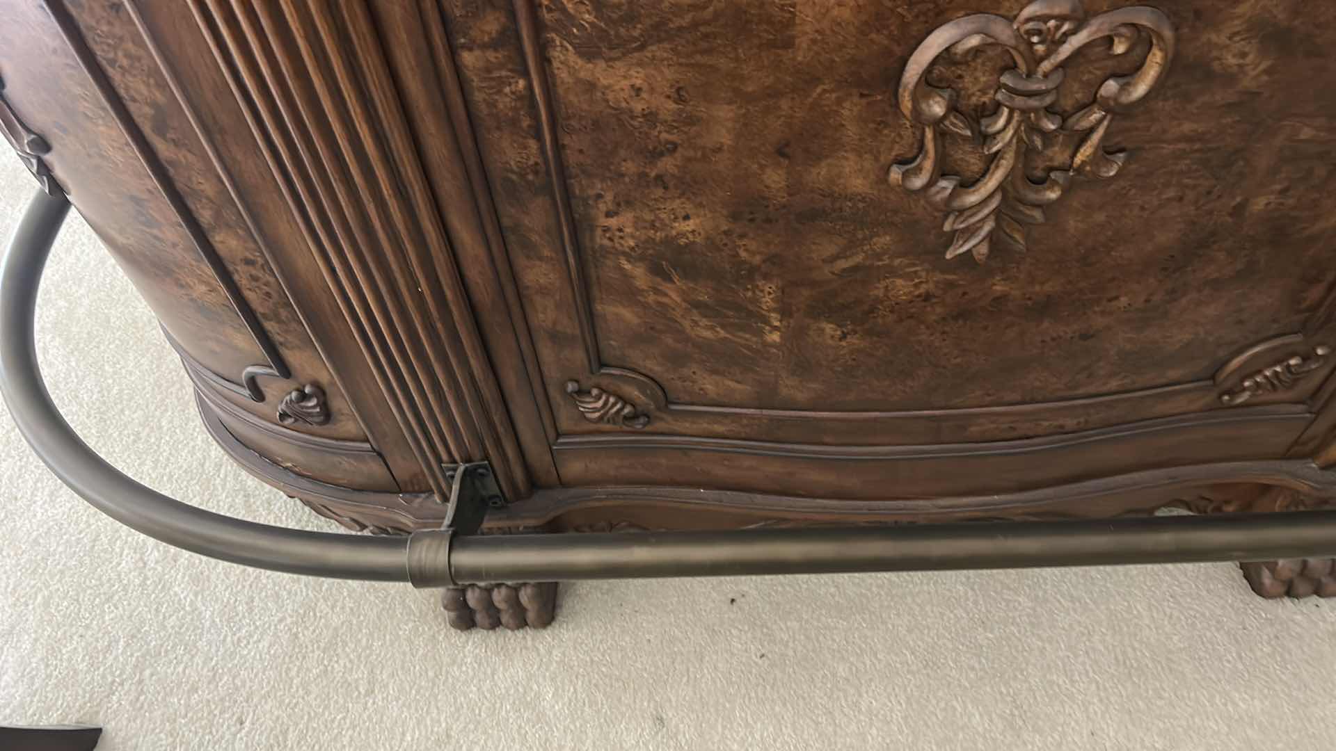 Photo 15 of HEAVY STURDY BURL WOOD INLAID BAR WITH MARBLE TOP 6‘ x 2‘ x H42“ AND  2 MATCHING BARSTOOLS