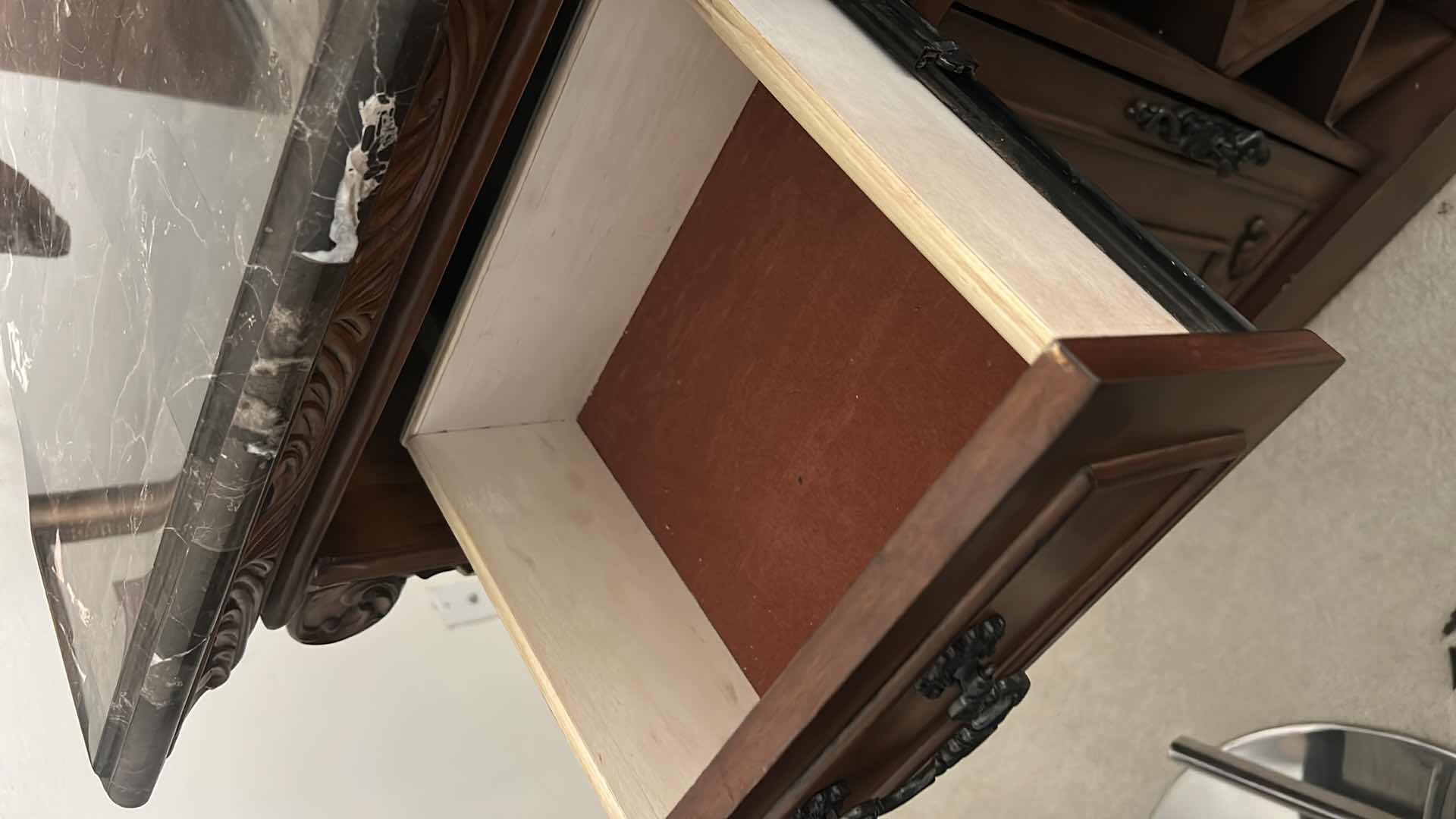 Photo 6 of HEAVY STURDY BURL WOOD INLAID BAR WITH MARBLE TOP 6‘ x 2‘ x H42“ AND  2 MATCHING BARSTOOLS