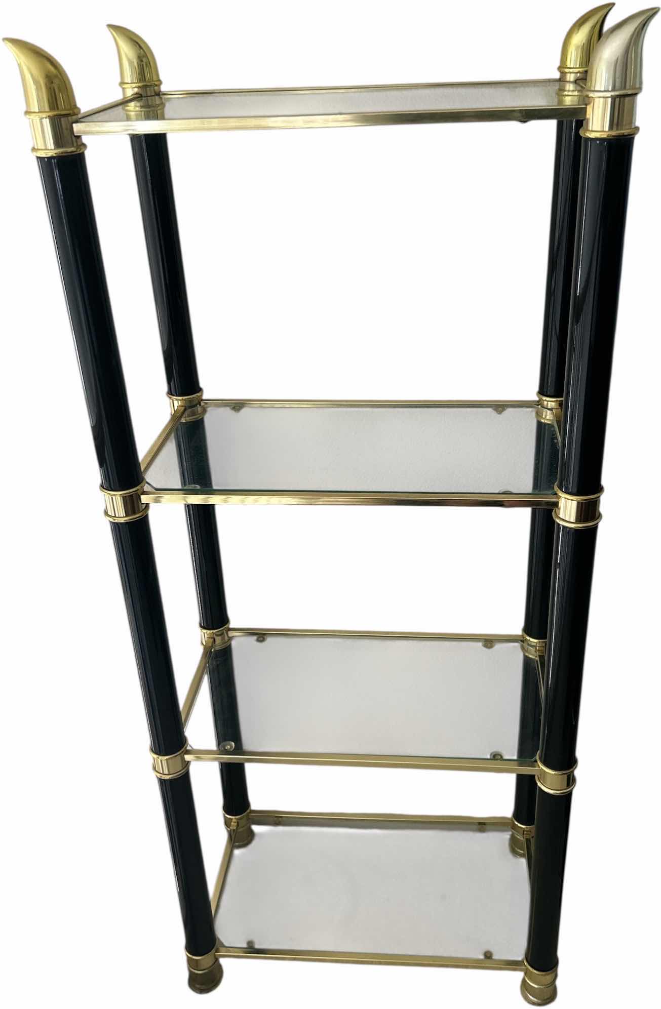 Photo 1 of BLACK AND GOLD ART DECO METAL DISPLAY WITH 4 GLASS  SHELVES 25 1/2” x 14“ X H58“