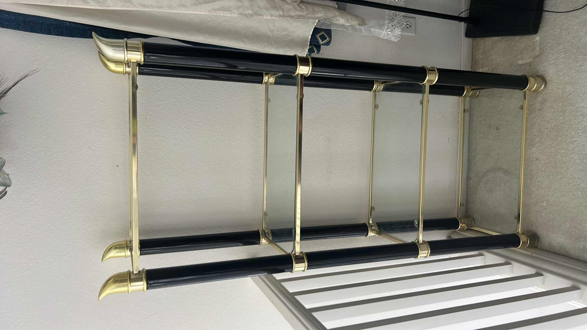 Photo 1 of BLACK AND GOLD ART DECO METAL DISPLAY WITH 4 GLASS  SHELVES 25 1/2” x 14“ X H58“