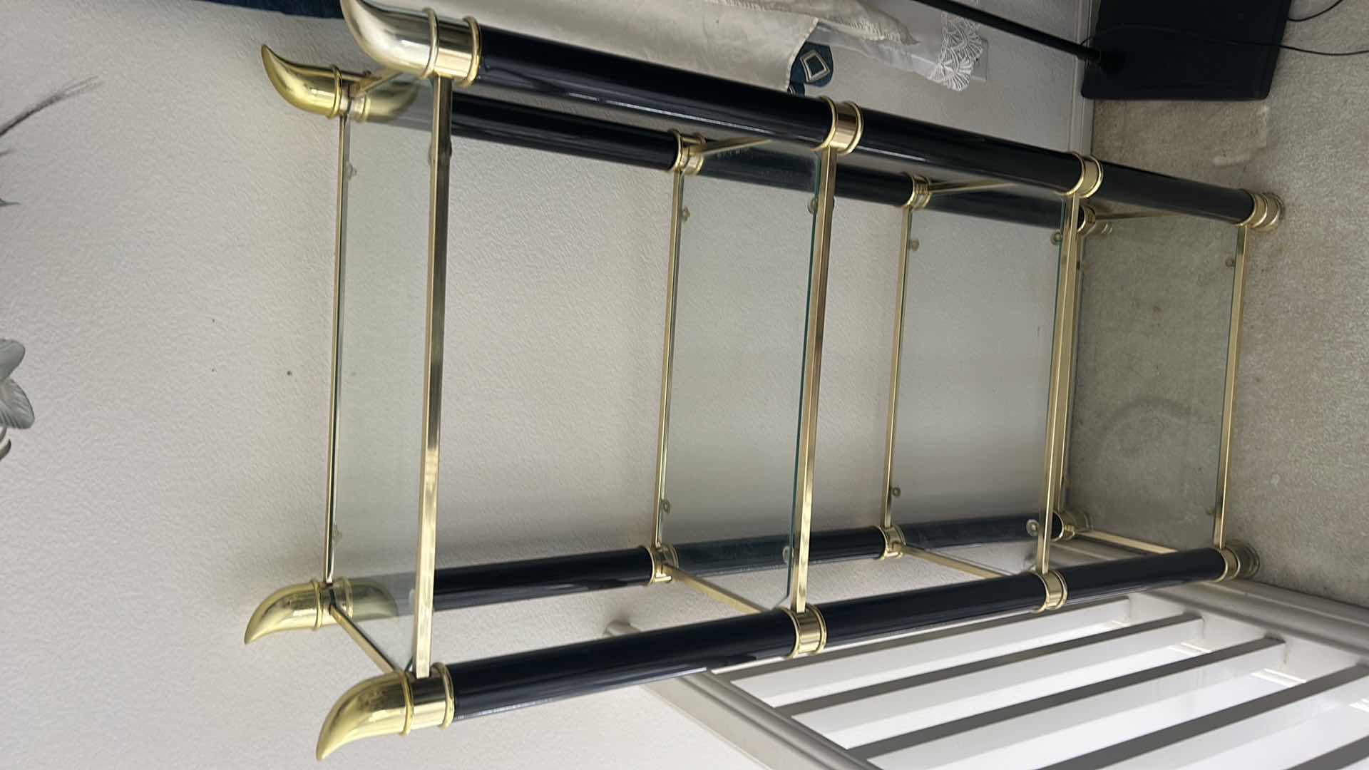 Photo 1 of BLACK AND GOLD ART DECO METAL DISPLAY WITH 4 GLASS  SHELVES 25 1/2” x 14“ X H58“