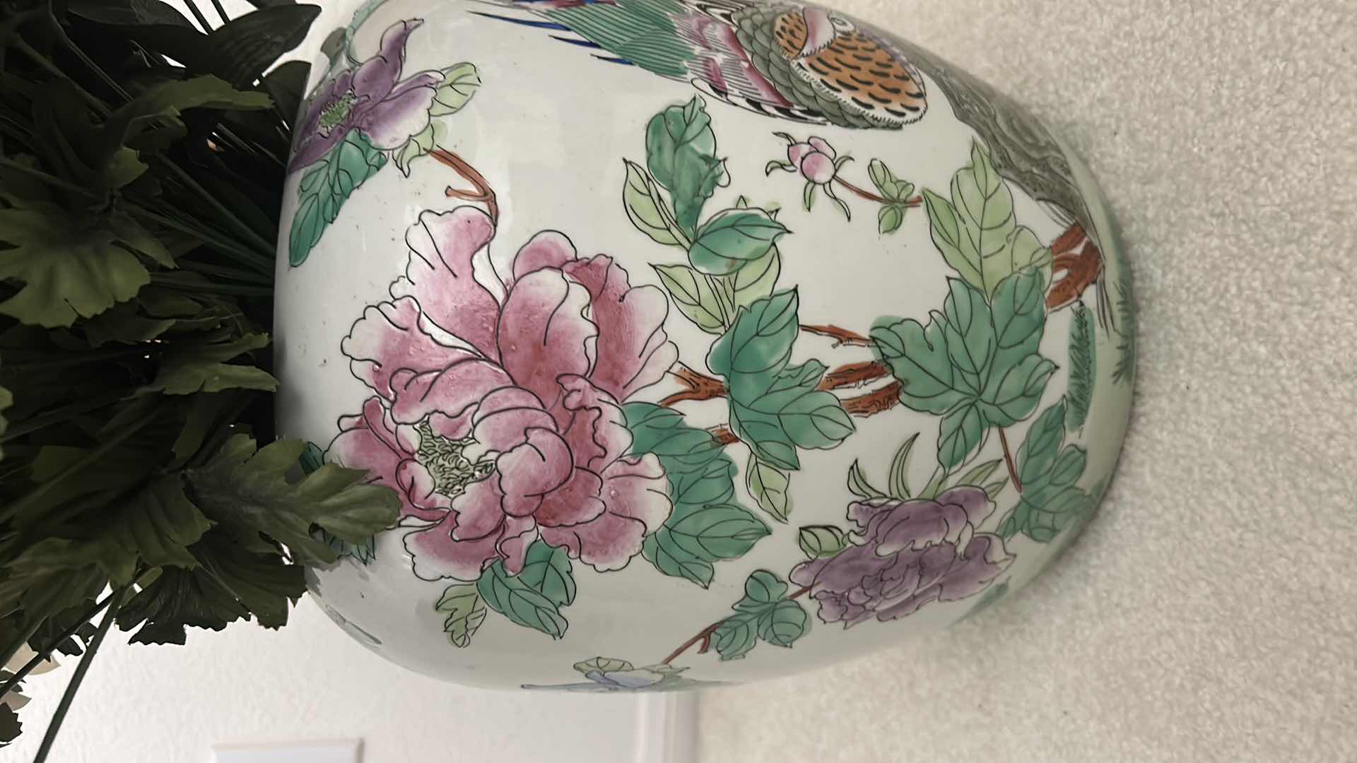 Photo 1 of HEAVY PORCELAIN VASE H12” WITH FAUX FLOWERS