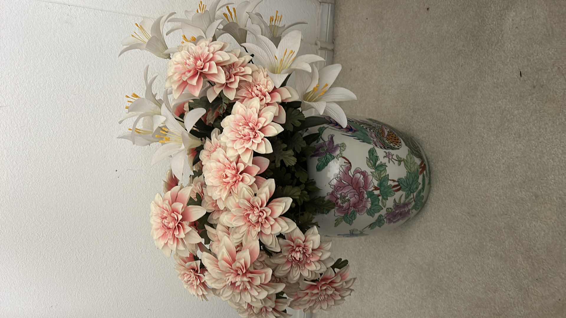 Photo 1 of HEAVY PORCELAIN VASE H12” WITH FAUX FLOWERS